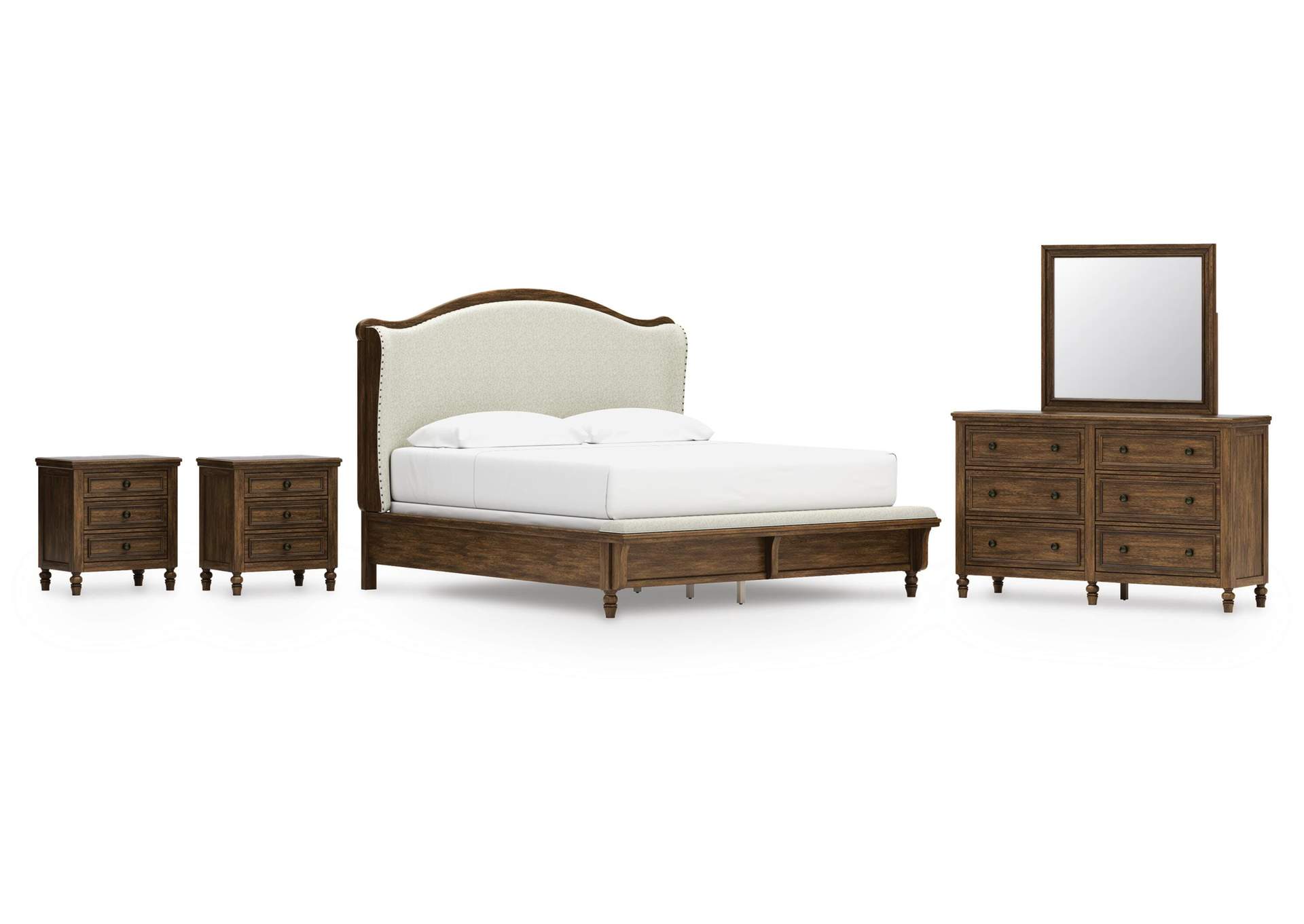 Sturlayne King Upholstered Panel Bed, Dresser, Mirror and 2 Nightstands image 1