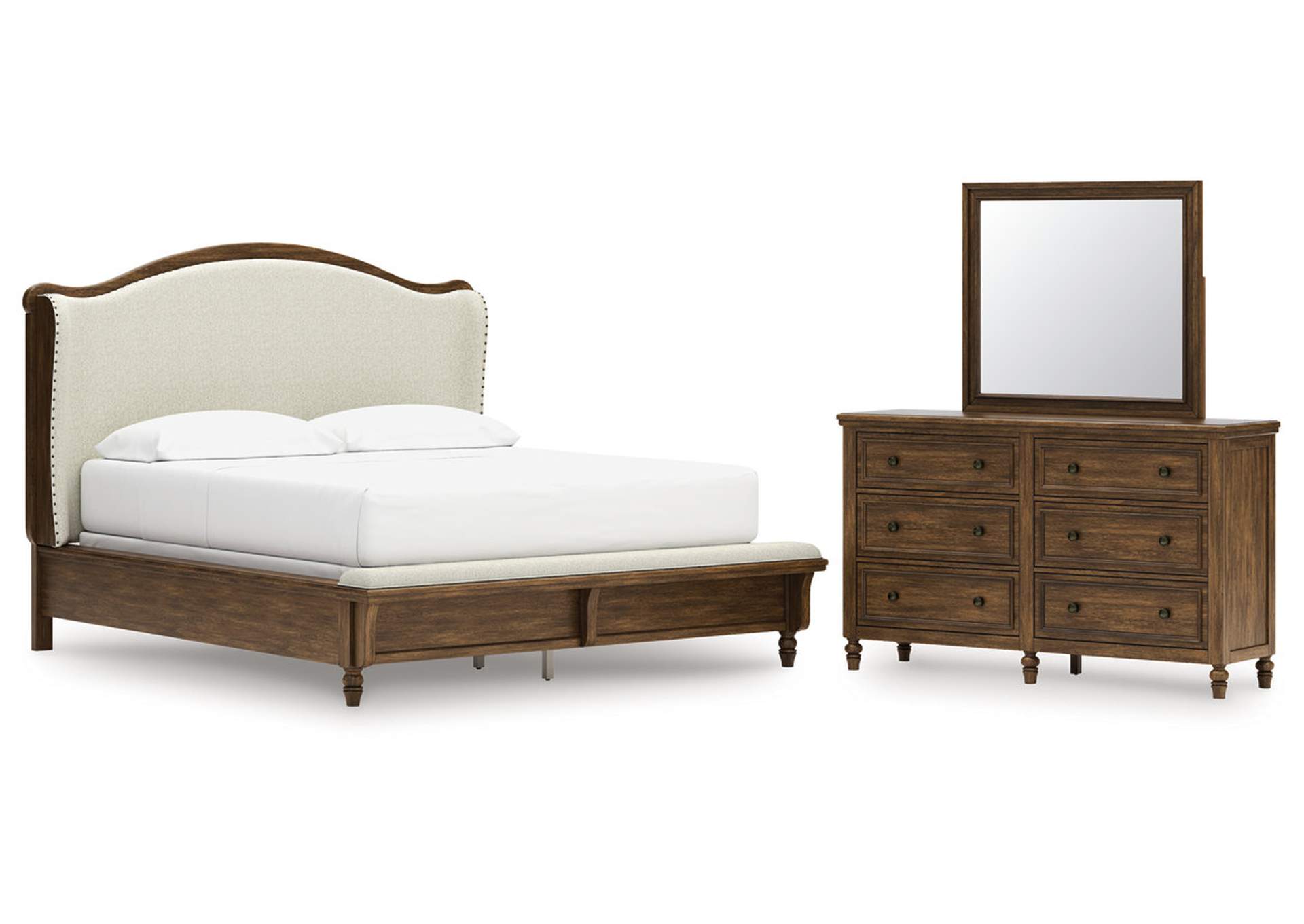 Sturlayne California King Upholstered Panel Bed with Mirrored Dresser image 1