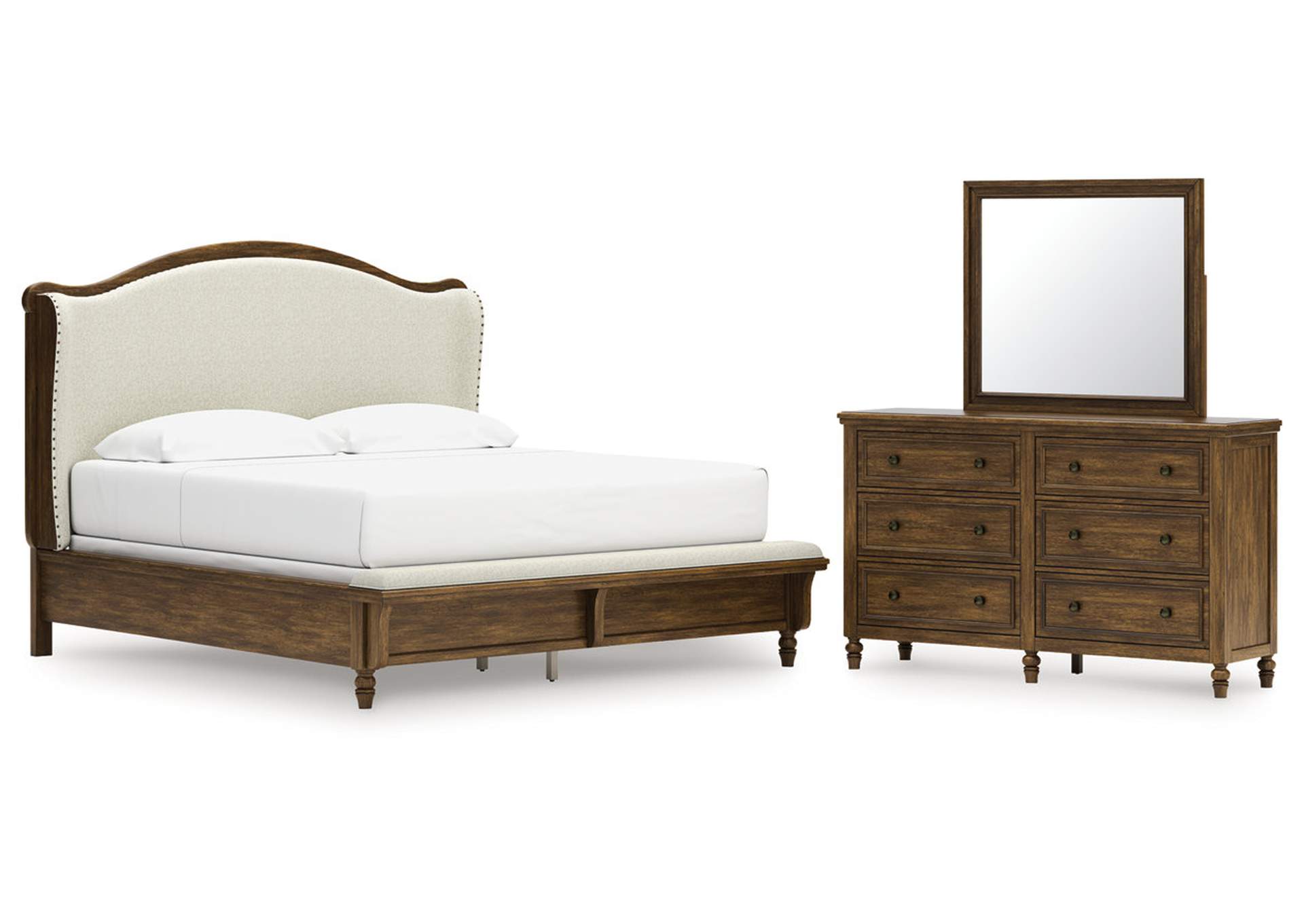 Sturlayne King Upholstered Panel Bed with Mirrored Dresser image 1