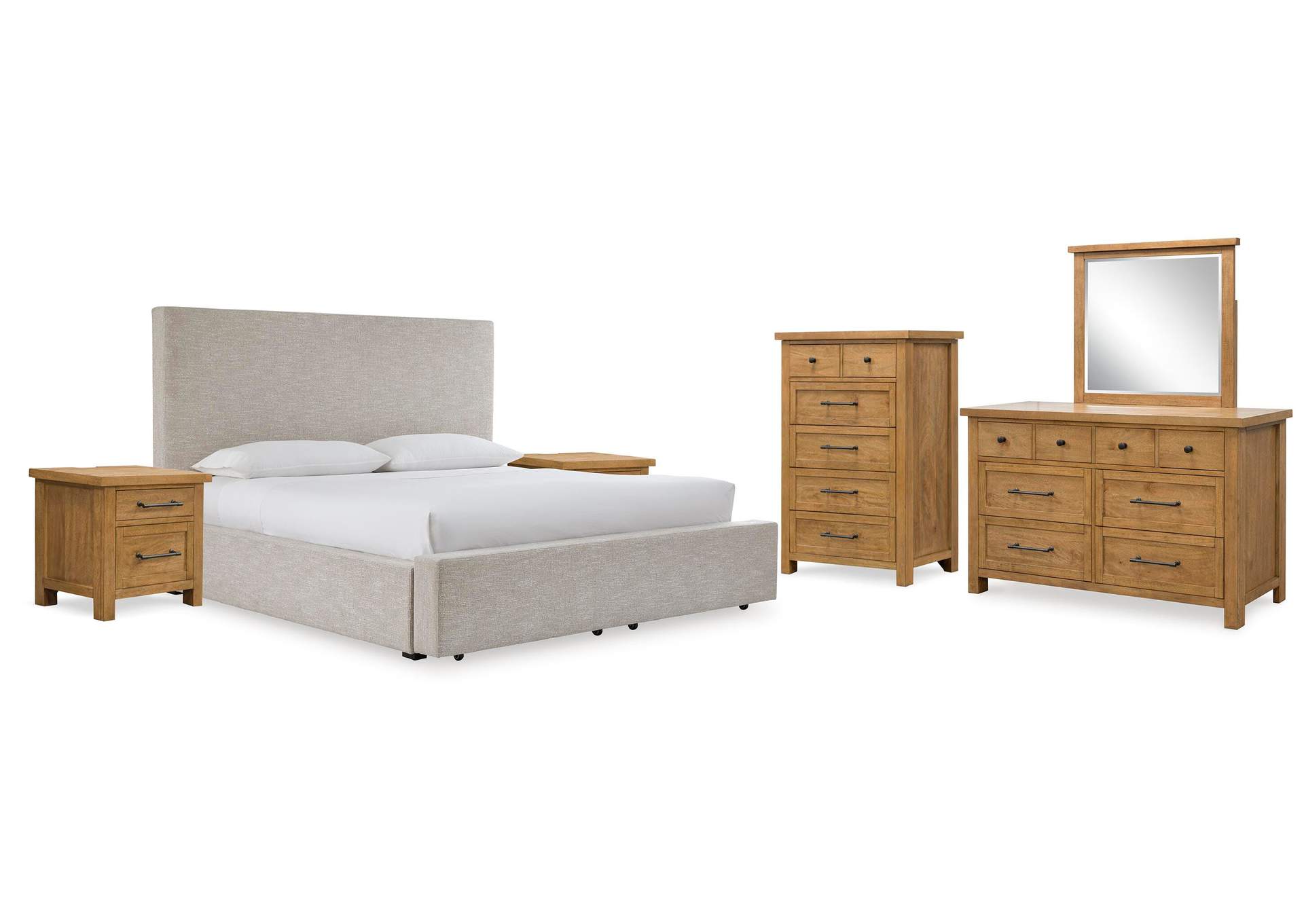 Kristiland California King Upholstered Storage Bed with Mirrored Dresser, Chest and 2 Nightstands image 1