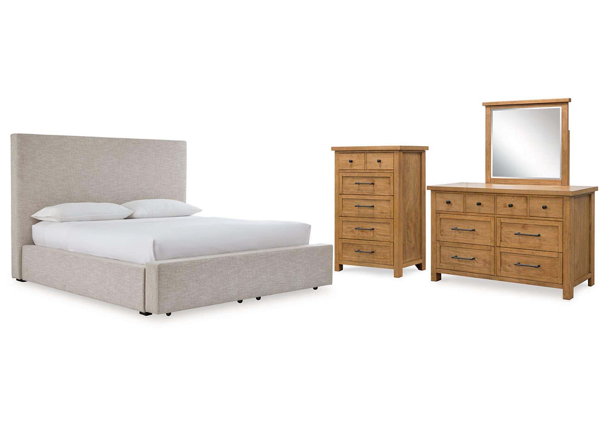 Kristiland California King Upholstered Storage Bed with Mirrored Dresser and Chest