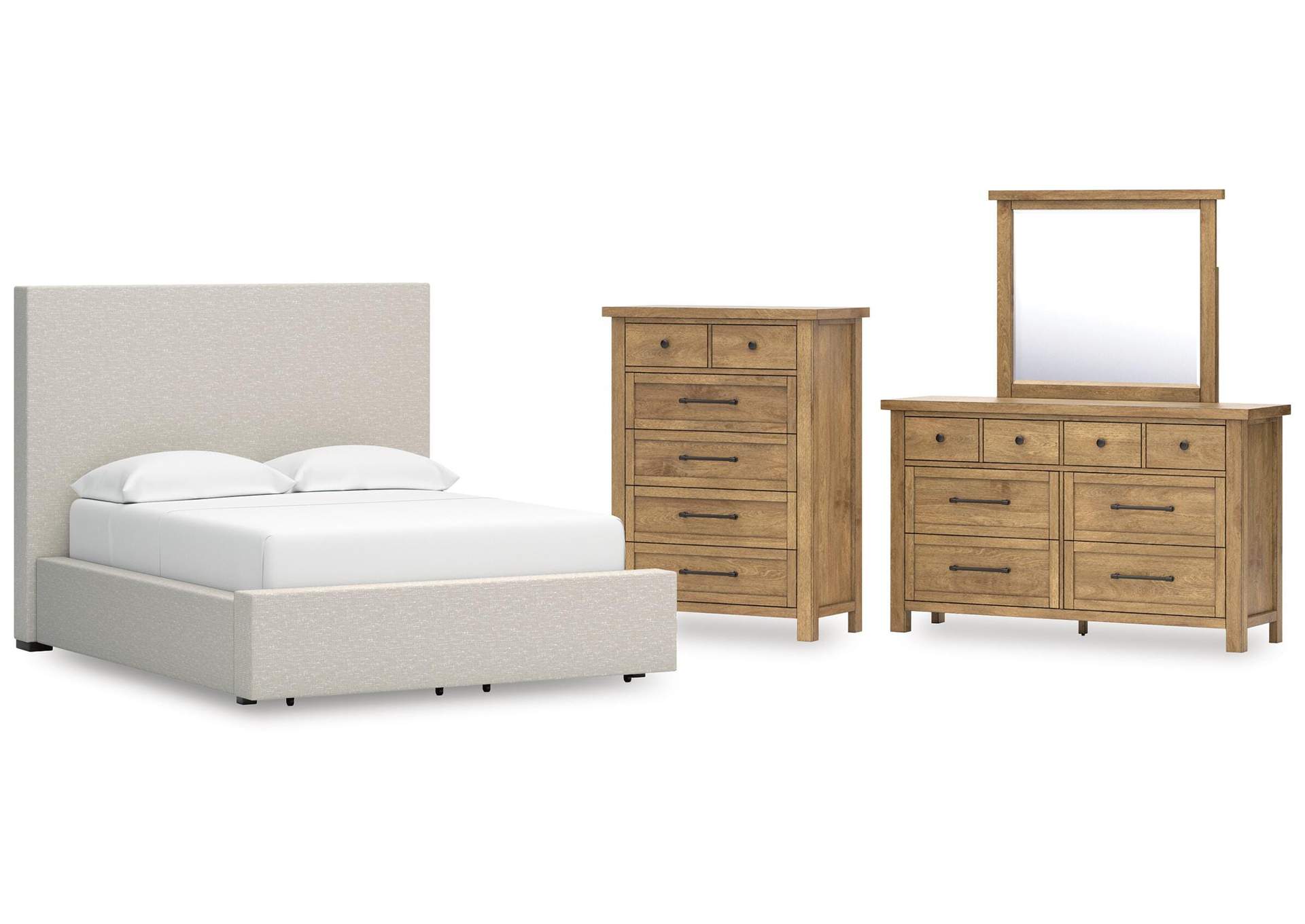 Kristiland Queen Upholstered Storage Bed, Dresser, Mirror and Chest image 1