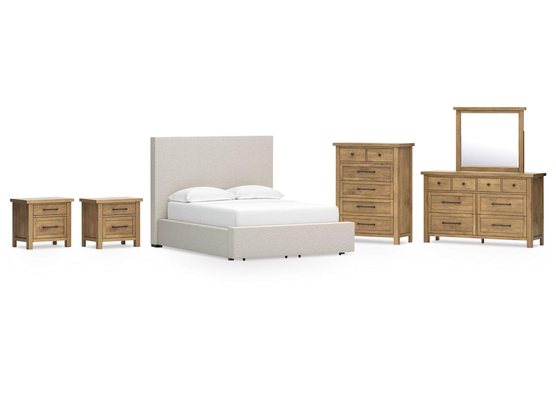 Kristiland Queen Upholstered Storage Bed with Mirrored Dresser, Chest and 2 Nightstands image 1