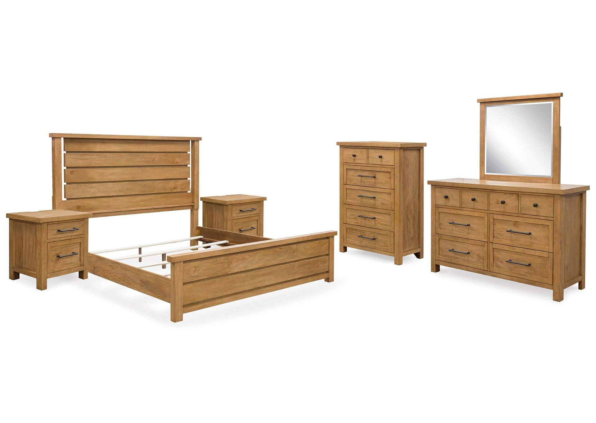 Kristiland California King Panel Bed with Mirrored Dresser, Chest and 2 Nightstands image 1