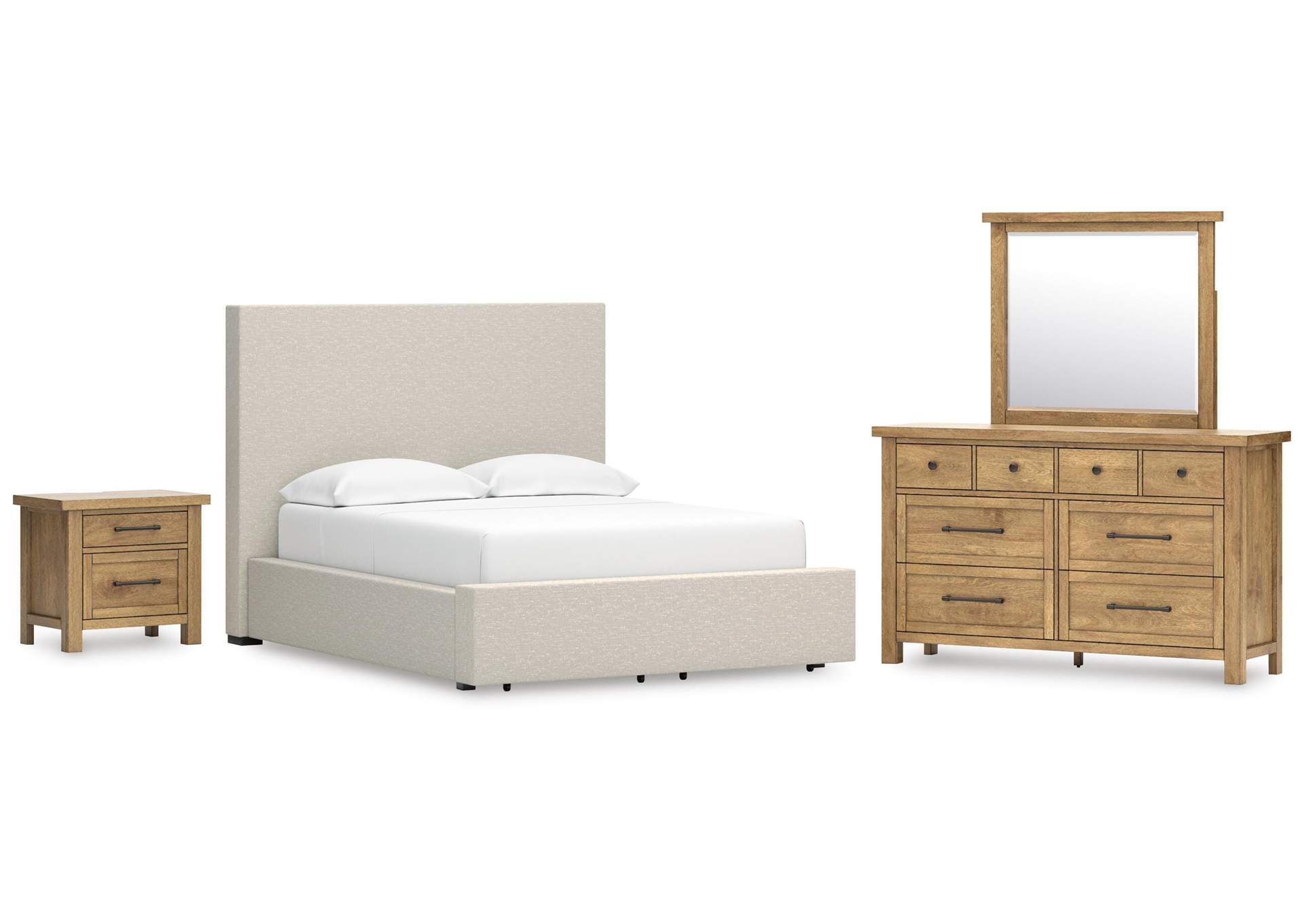 Kristiland Queen Upholstered Storage Bed with Mirrored Dresser and Nightstand