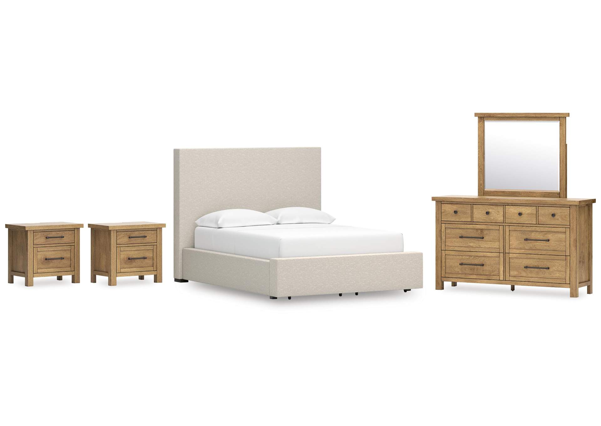 Kristiland Queen Upholstered Storage Bed with Mirrored Dresser and 2 Nightstand image 1