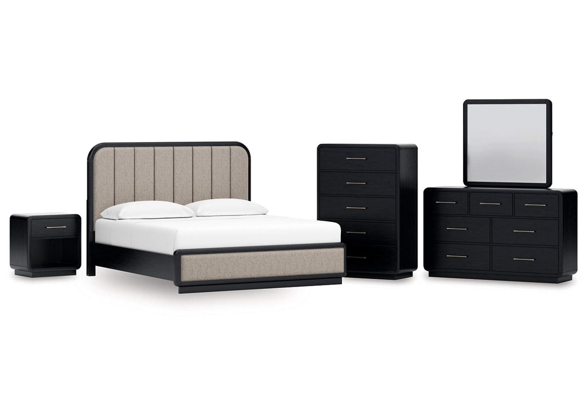 Rowanbeck King Upholstered Panel Bed with Mirrored Dresser, Chest and Nightstand image 1