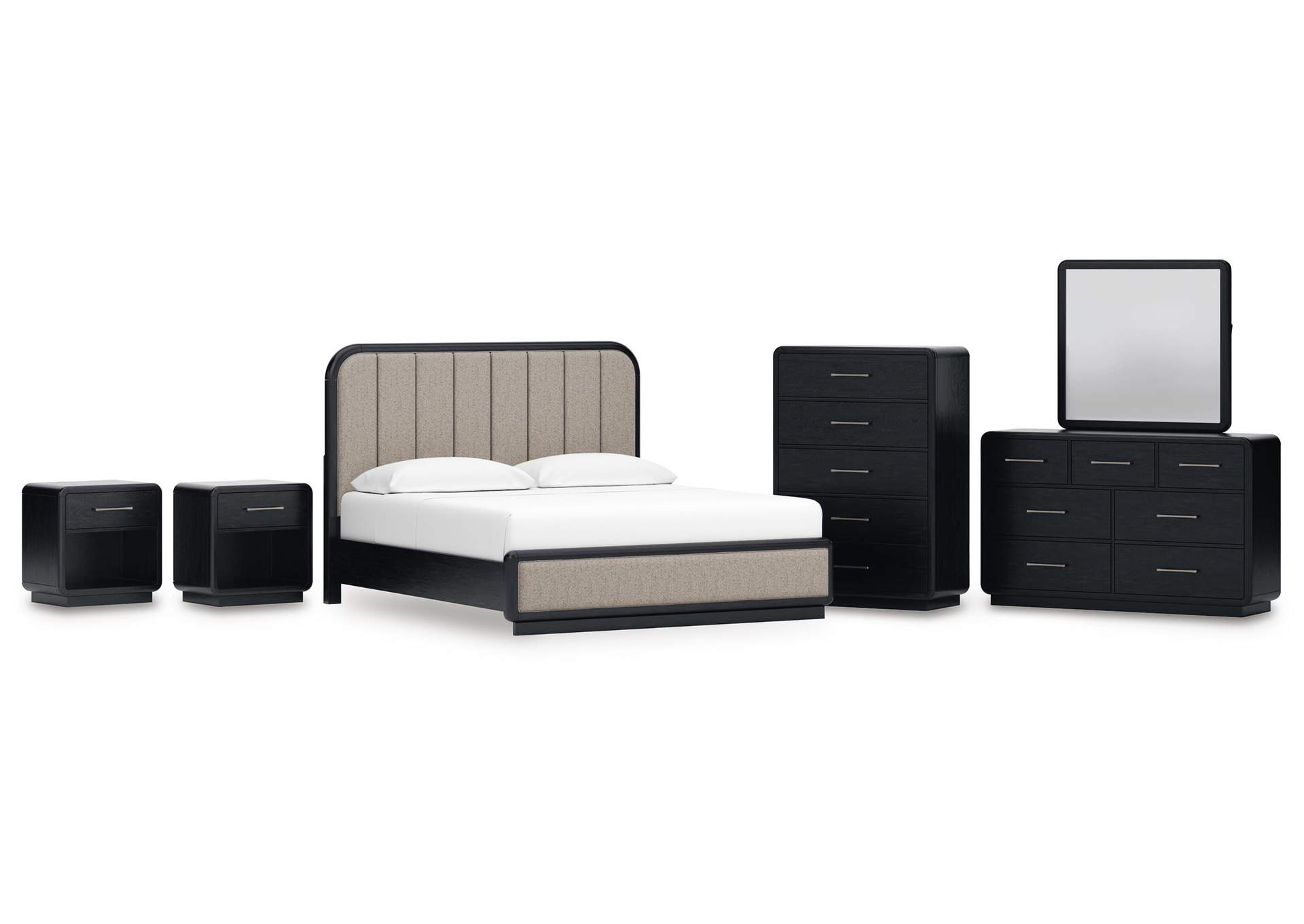 Rowanbeck King Upholstered Panel Bed, Dresser, Mirror, Chest and 2 Nightstands image 1