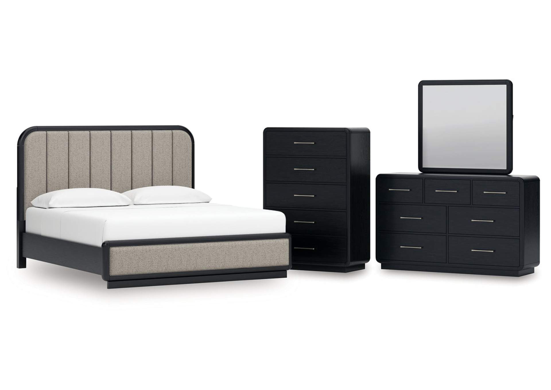 Rowanbeck King Upholstered Panel Bed with Mirrored Dresser and Chest image 1