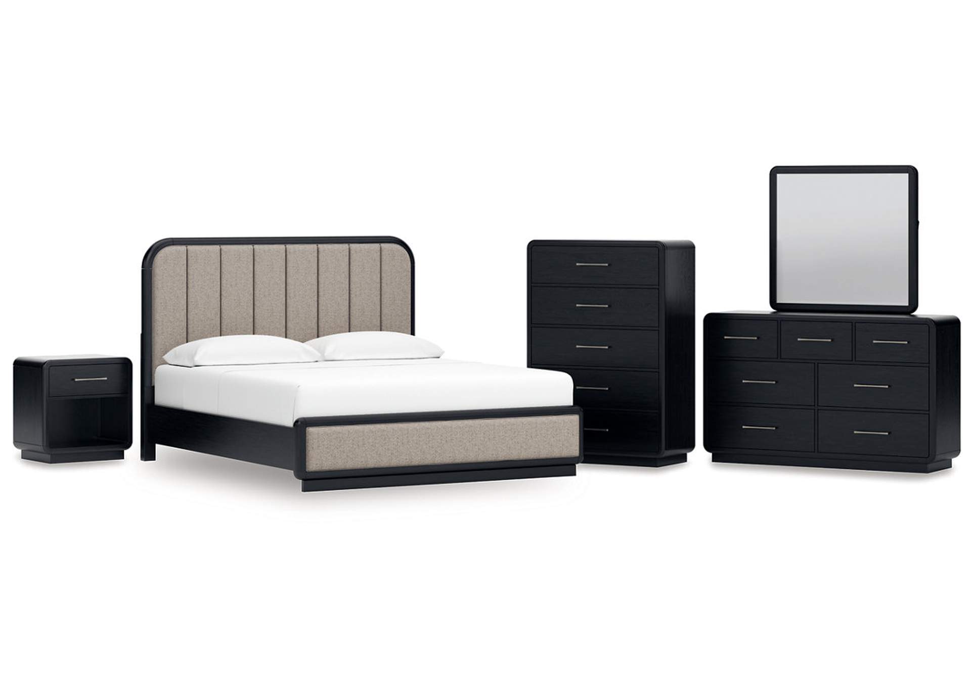 Rowanbeck California King Upholstered Panel Bed with Mirrored Dresser, Chest and Nightstand image 1