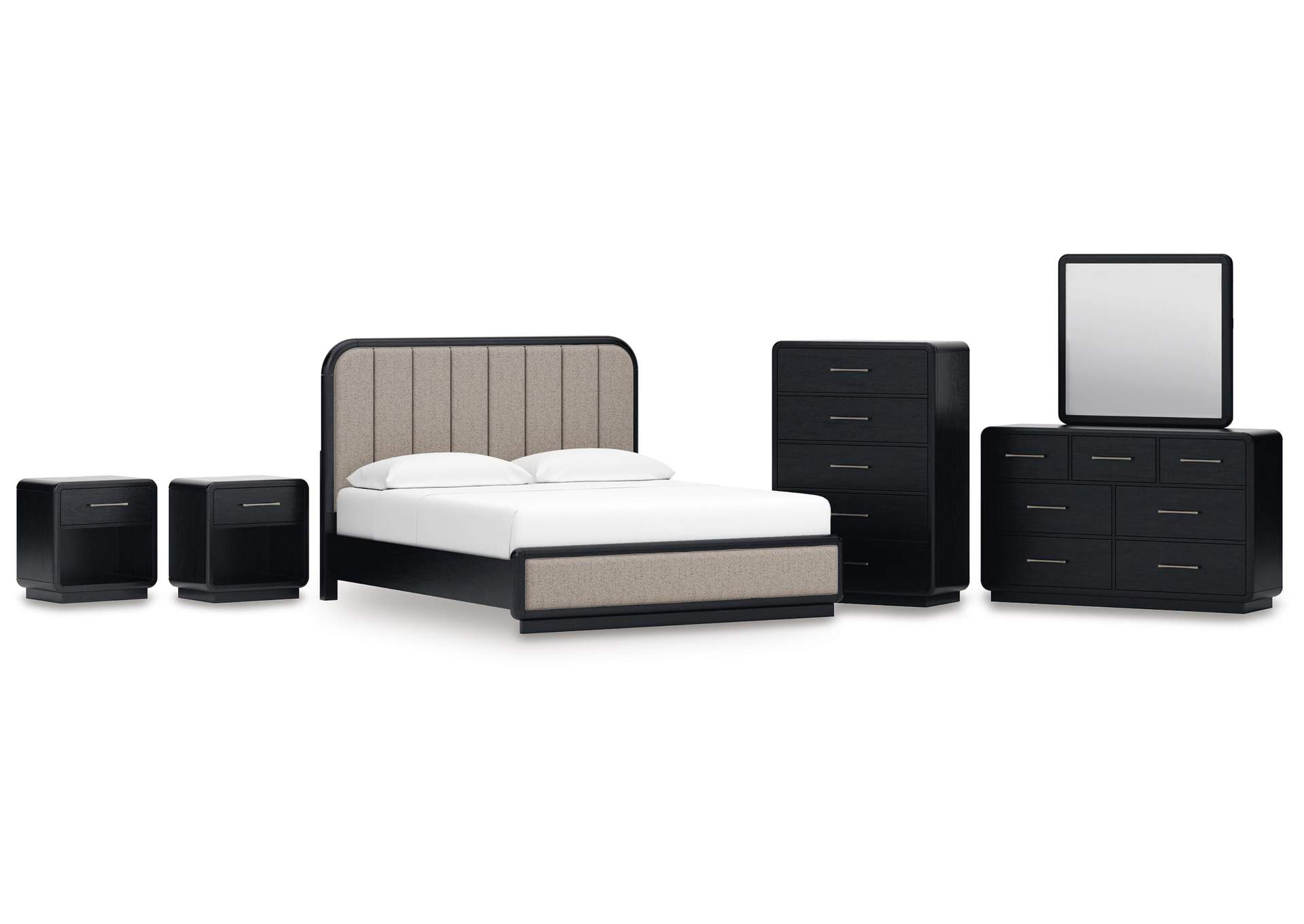 Rowanbeck California King Upholstered Panel Bed, Dresser, Mirror, Chest and 2 Nightstands image 1