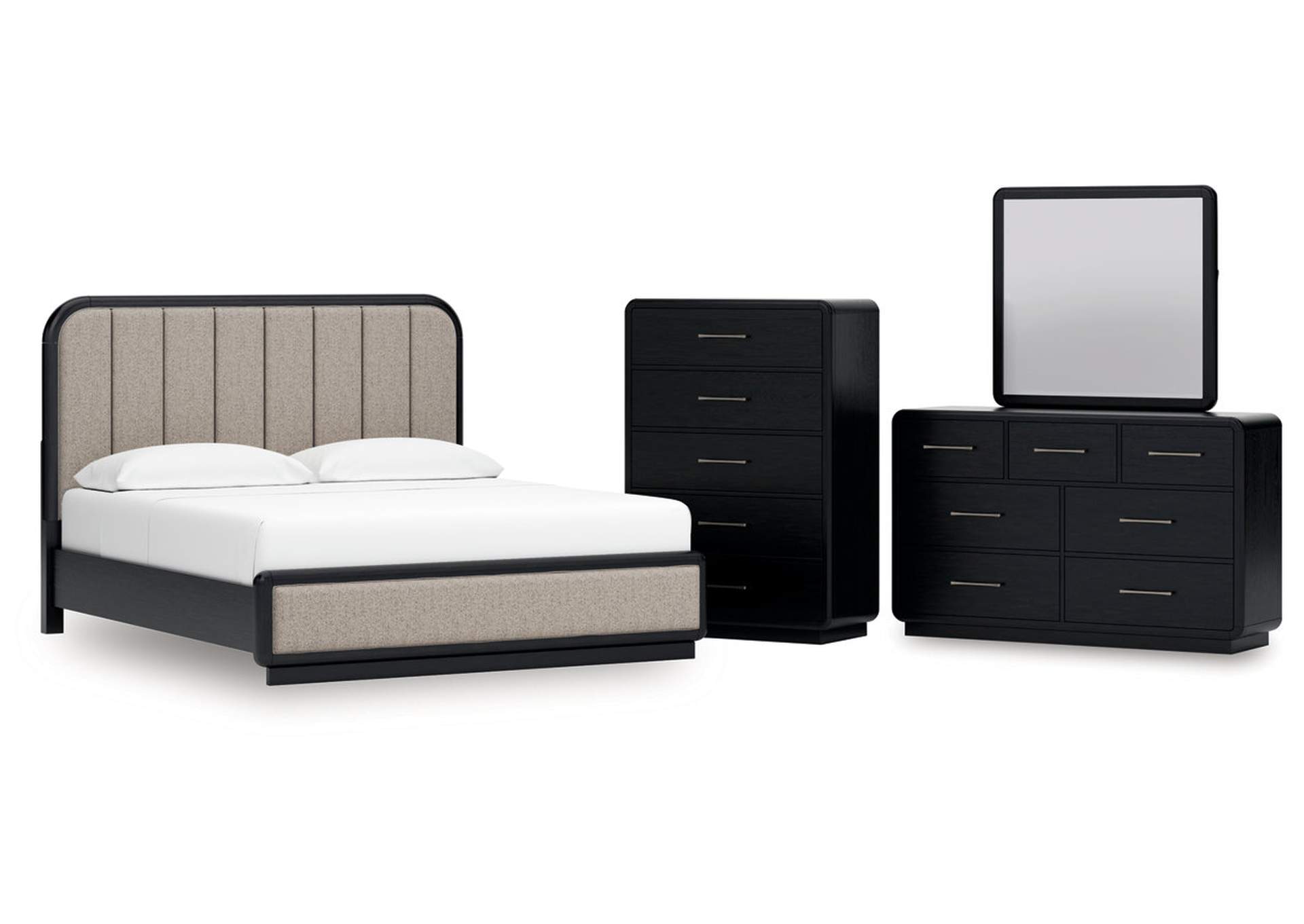 Rowanbeck California King Upholstered Panel Bed with Mirrored Dresser and Chest image 1