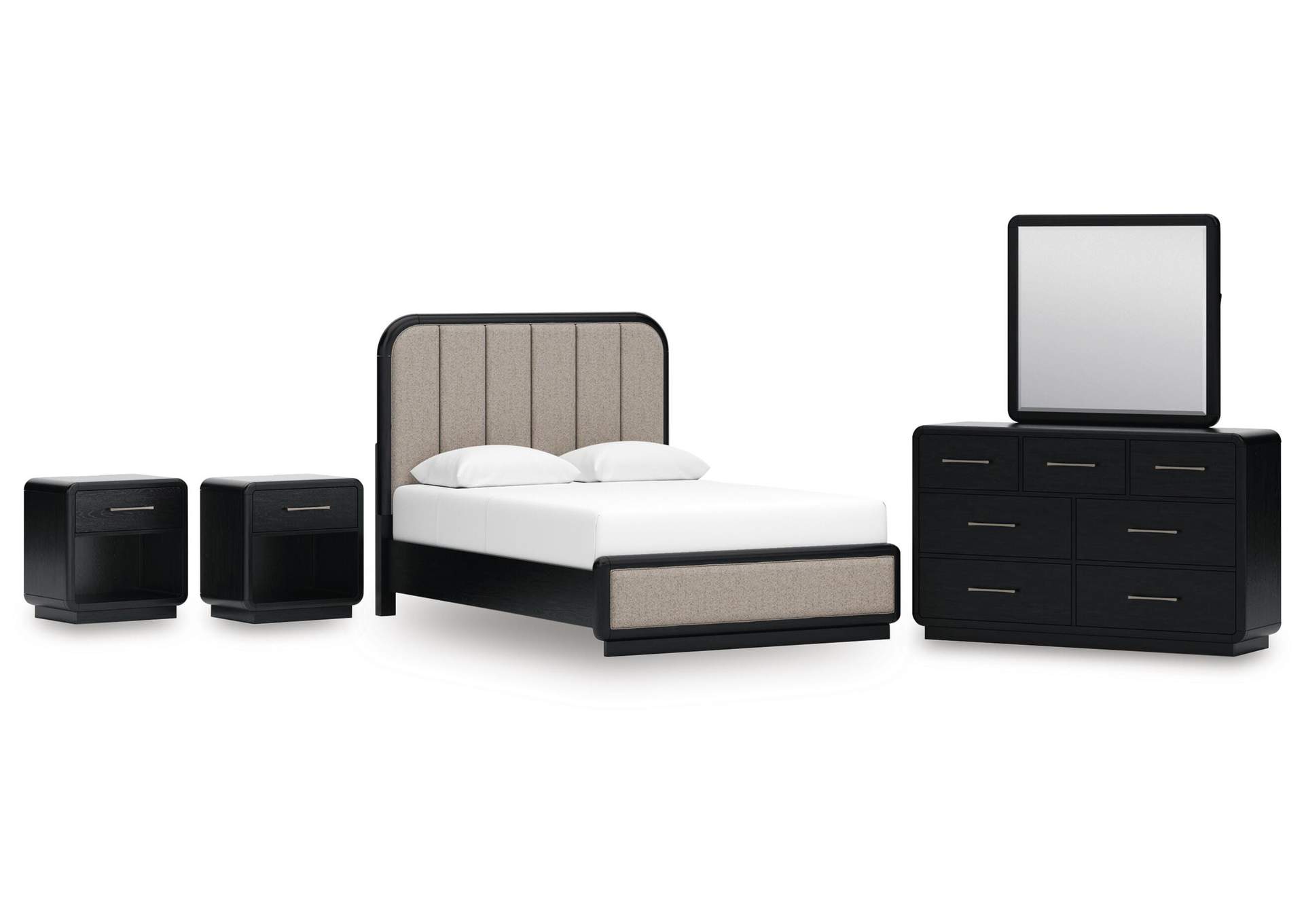 Rowanbeck Queen Upholstered Panel Bed, Dresser, Mirror and 2 Nightstands image 1