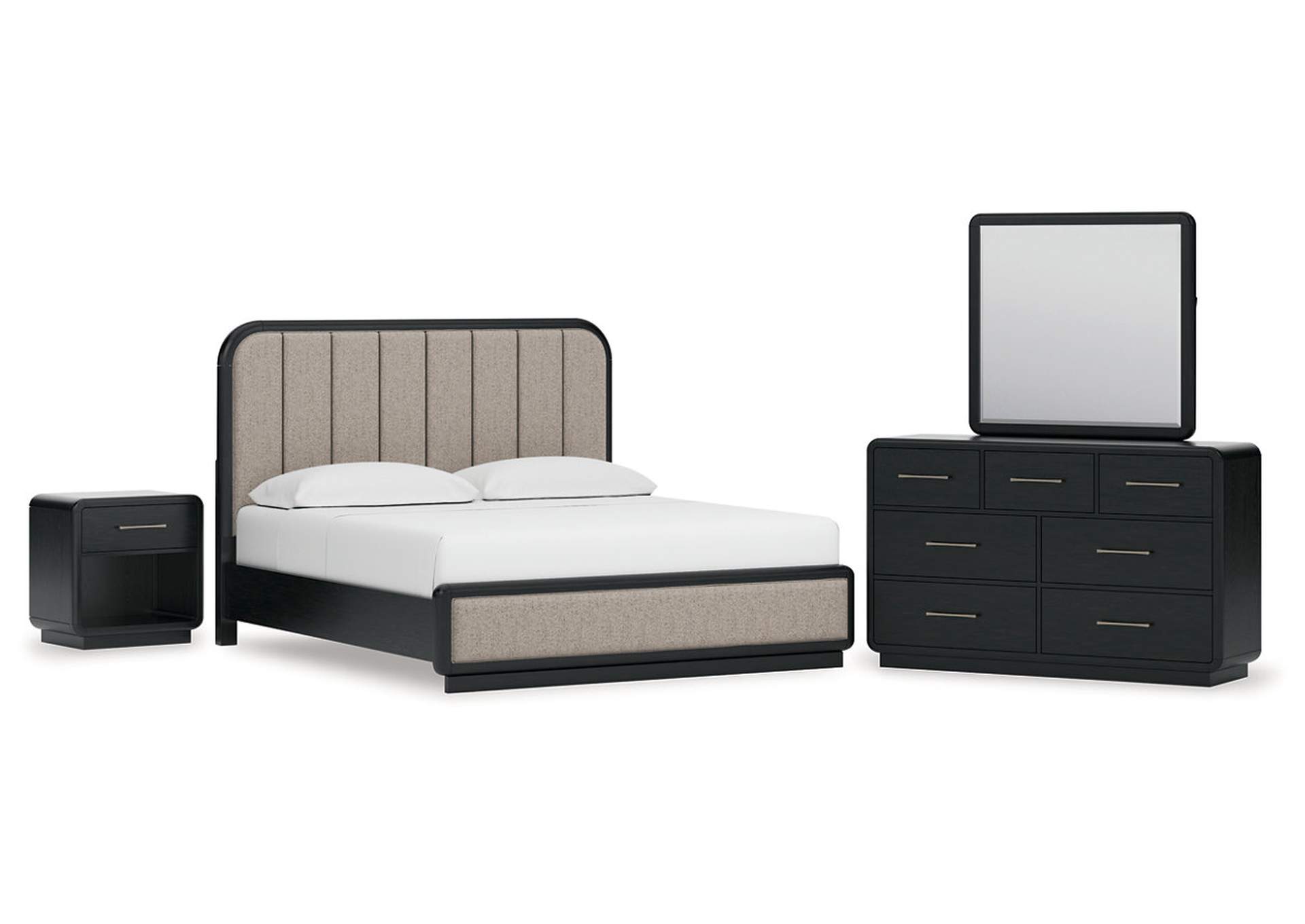 Rowanbeck King Upholstered Panel Bed with Mirrored Dresser and Nightstand image 1