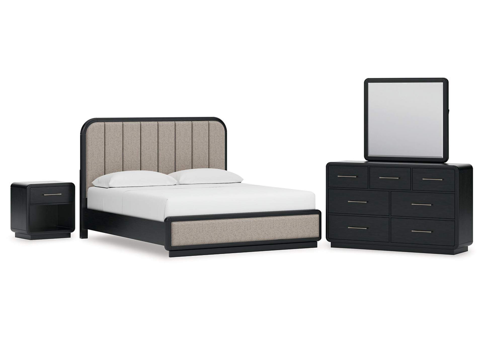 Rowanbeck California King Upholstered Panel Bed with Mirrored Dresser and Nightstand image 1