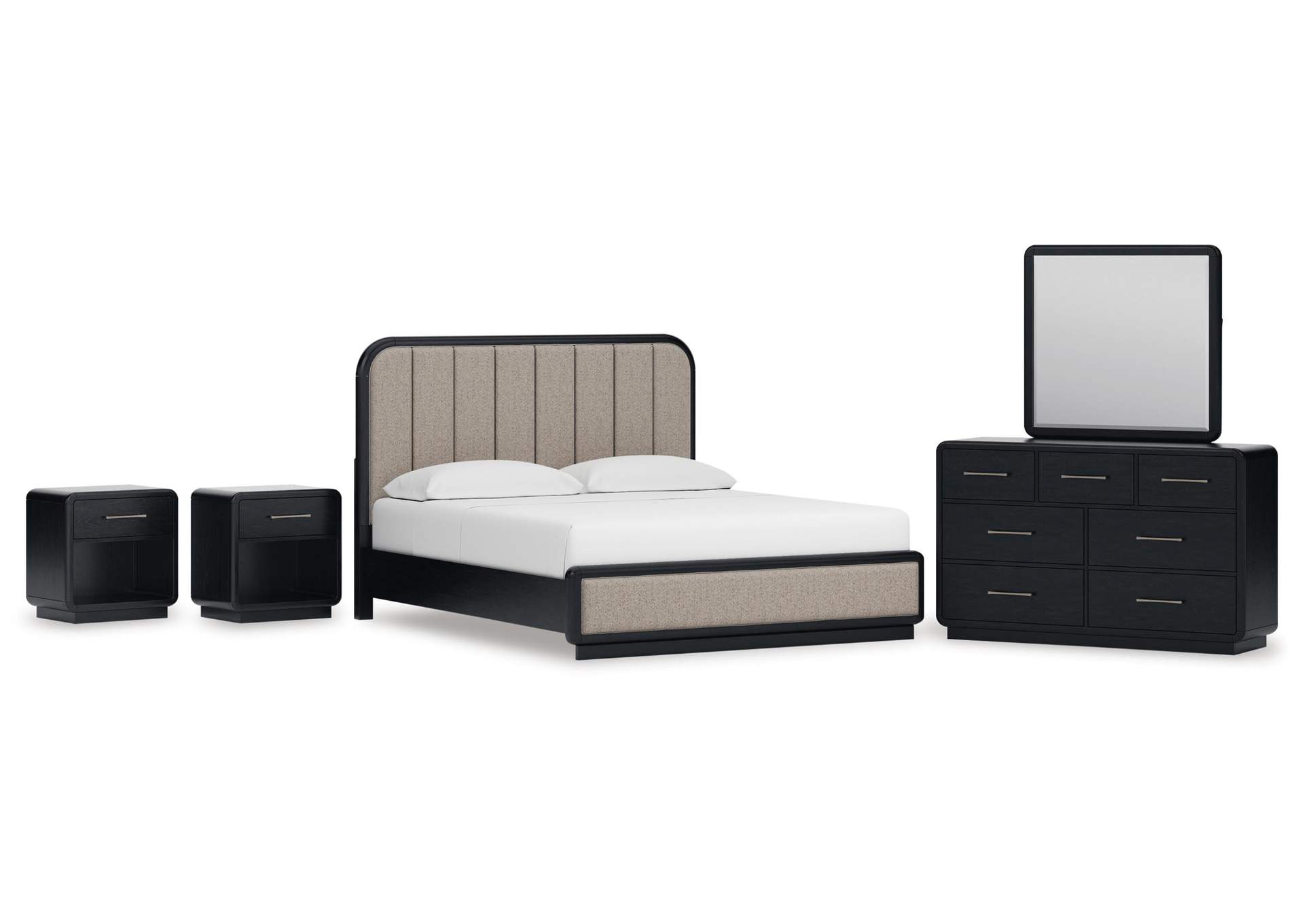 Rowanbeck California King Upholstered Panel Bed, Dresser, Mirror and 2 Nightstands image 1