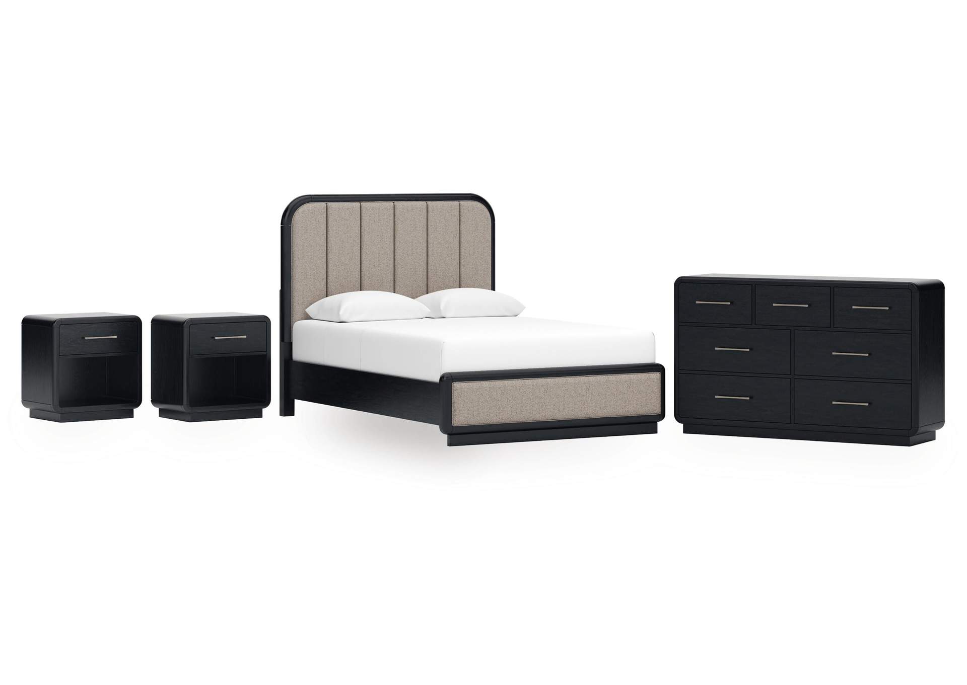 Rowanbeck Queen Upholstered Panel Bed, Dresser and 2 Nightstands image 1
