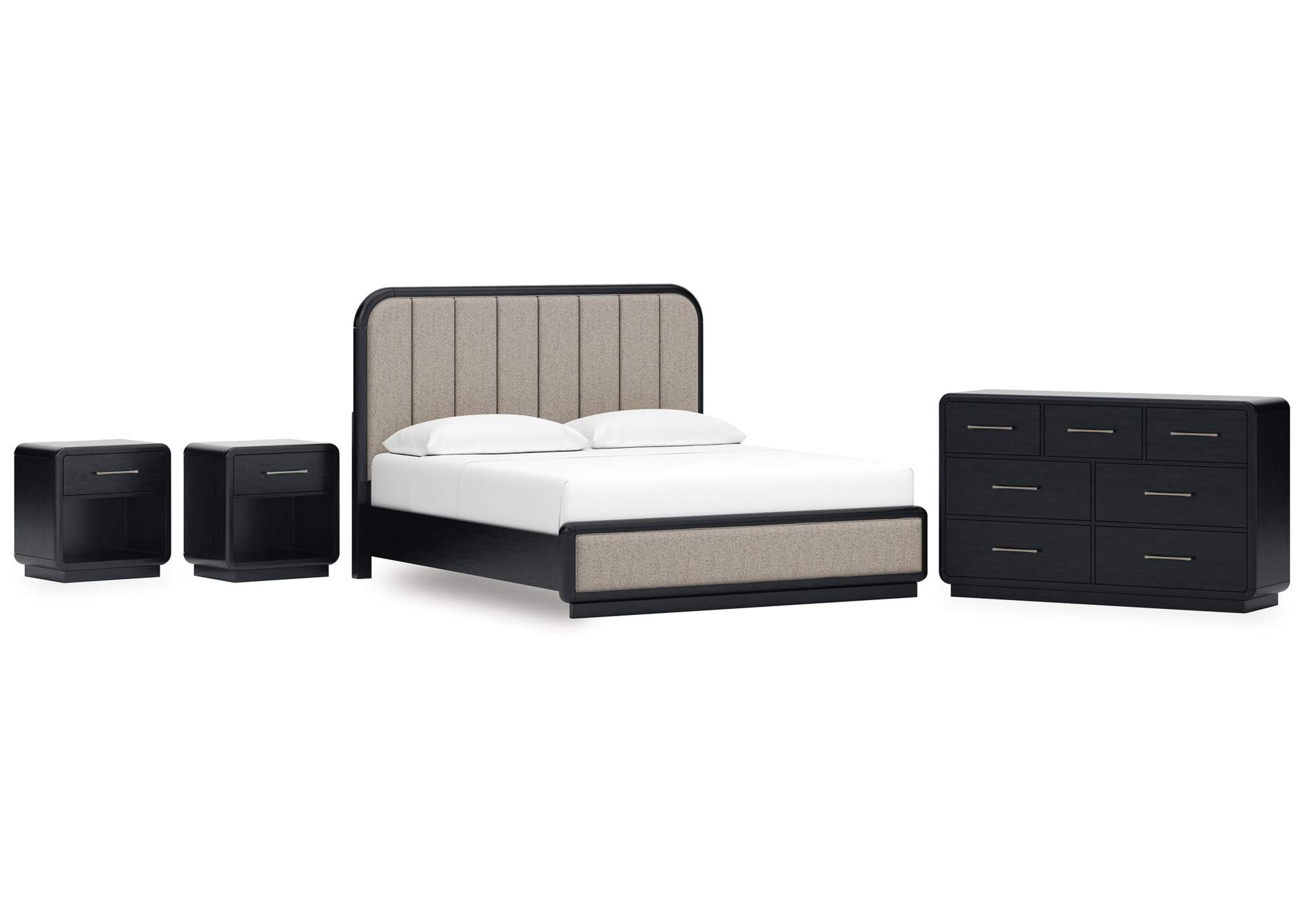 Rowanbeck King Upholstered Panel Bed, Dresser and 2 Nightstands image 1