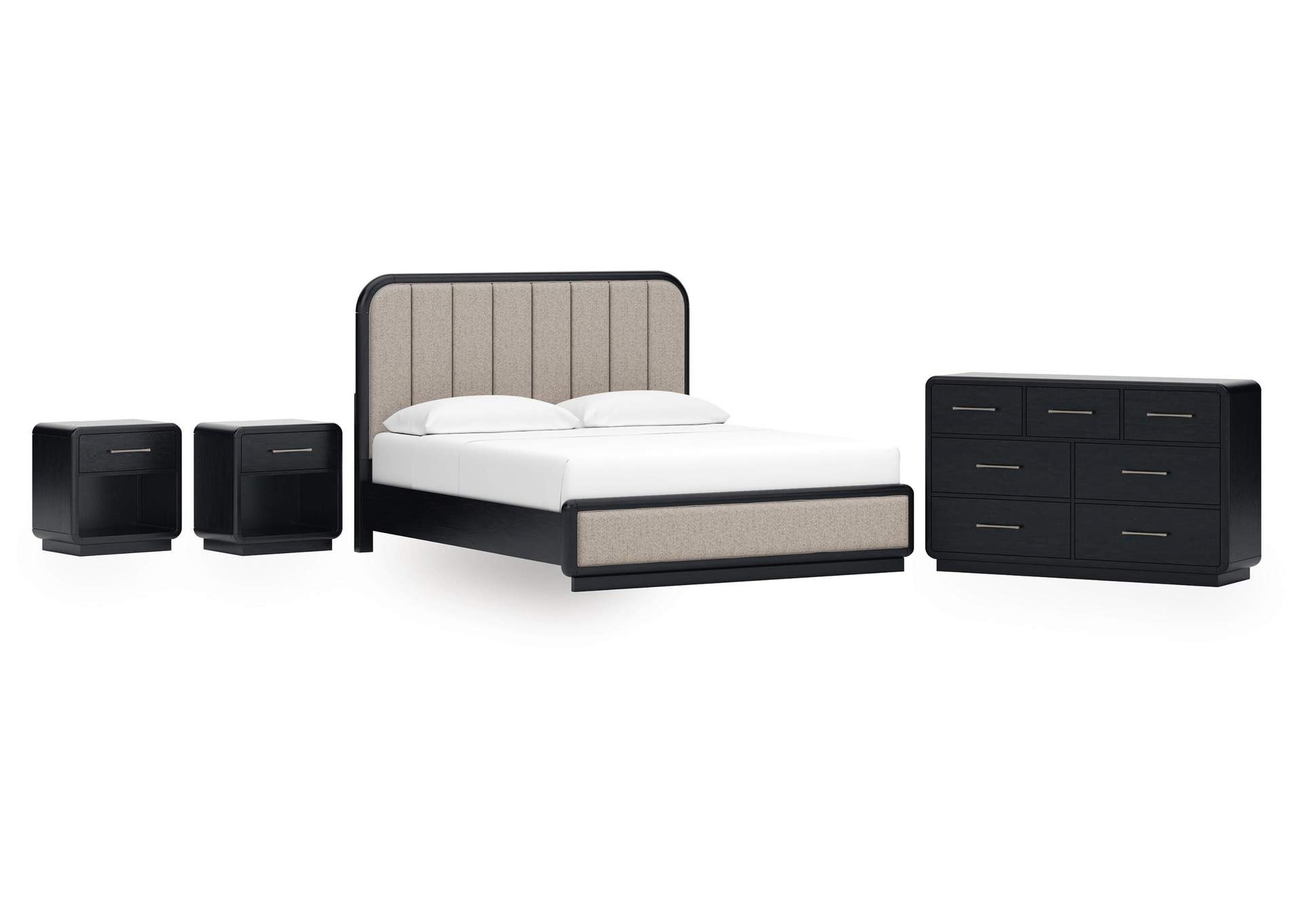 Rowanbeck California King Upholstered Panel Bed, Dresser and 2 Nightstands image 1