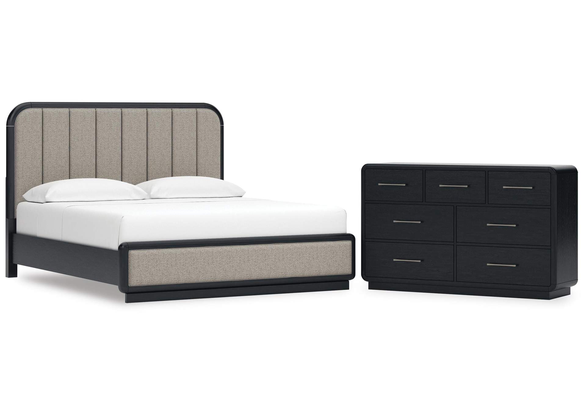 Rowanbeck California King Upholstered Panel Bed and Dresser image 1