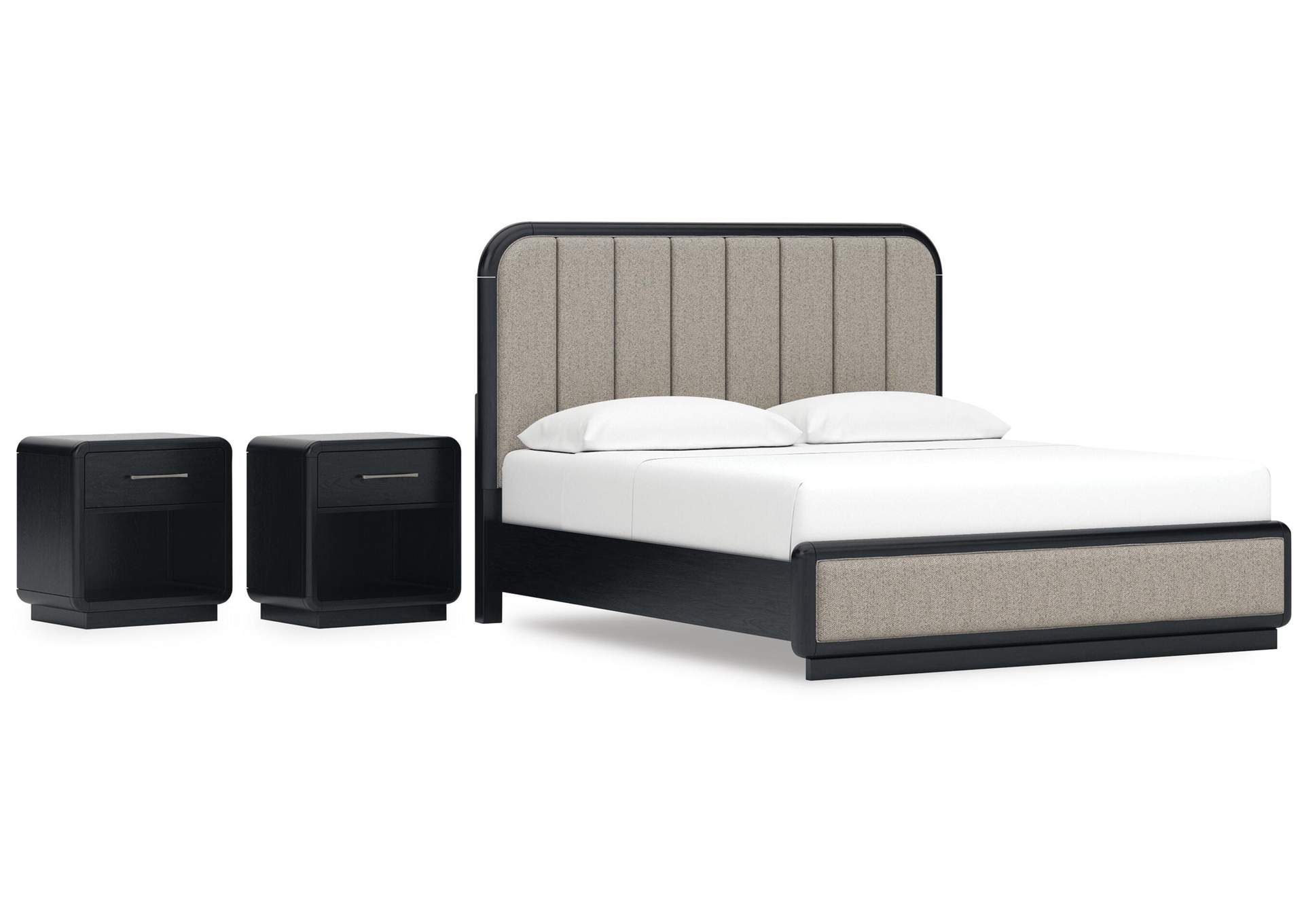 Rowanbeck King Upholstered Panel Bed and 2 Nightstands image 1