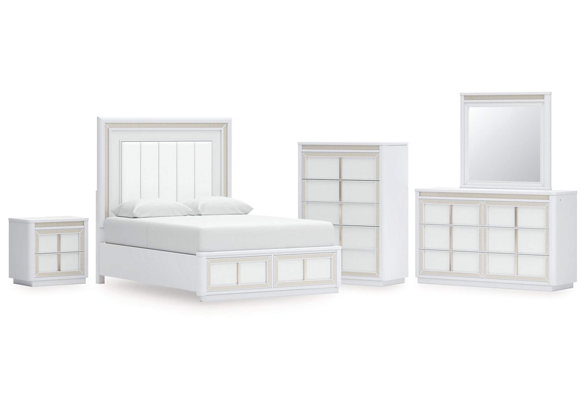 Chalanna Queen Upholstered Storage Bed with Mirrored Dresser, Chest and Nightstand image 1