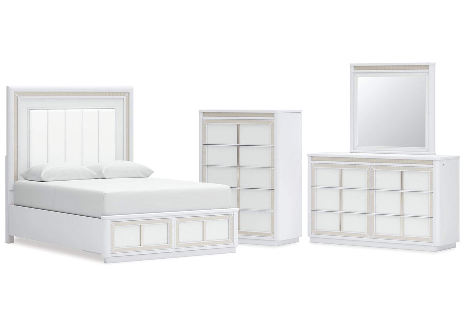 Chalanna Queen Upholstered Storage Bed with Mirrored Dresser and Chest image 1