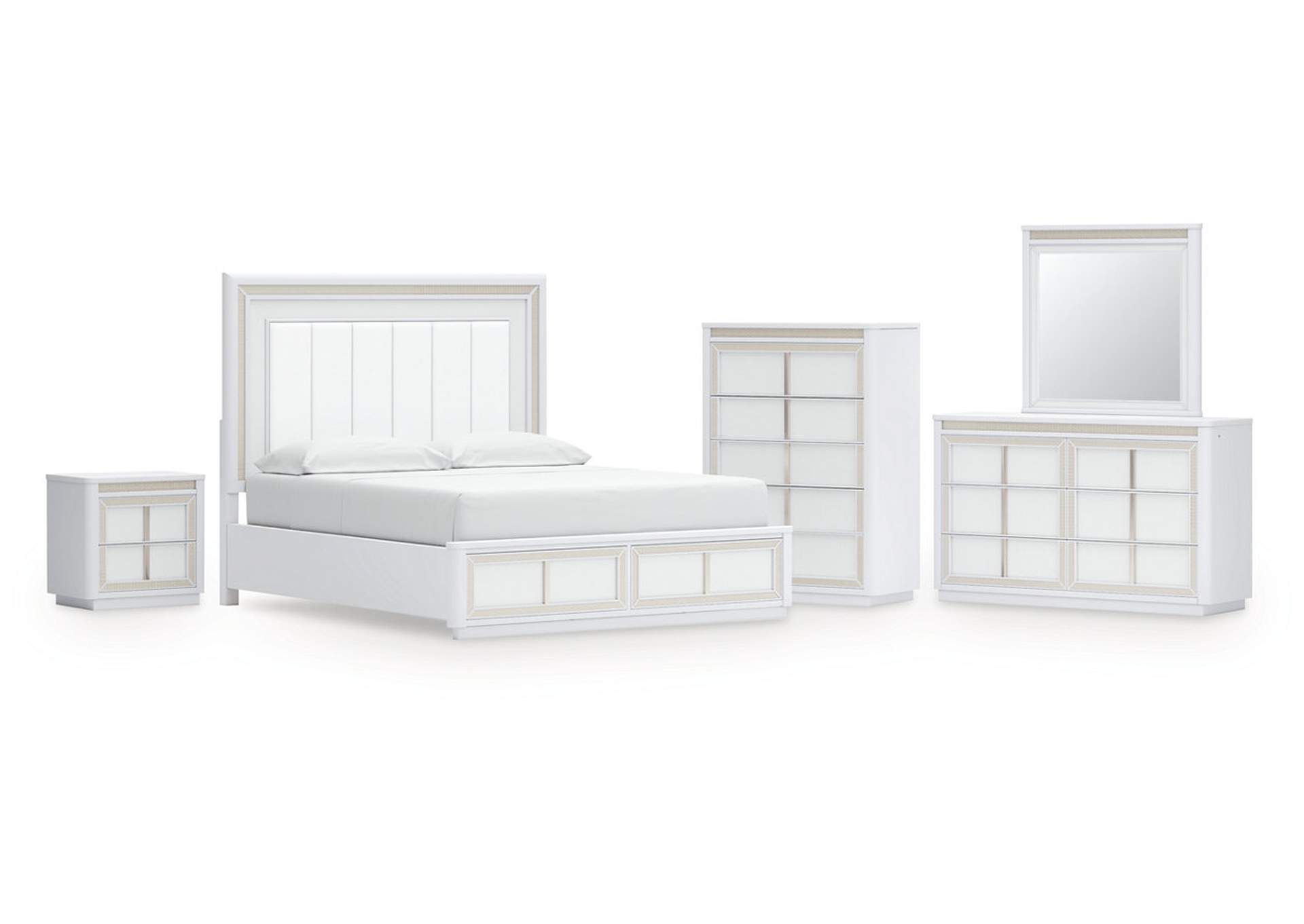 Chalanna California King Upholstered Storage Bed with Mirrored Dresser, Chest and Nightstand image 1