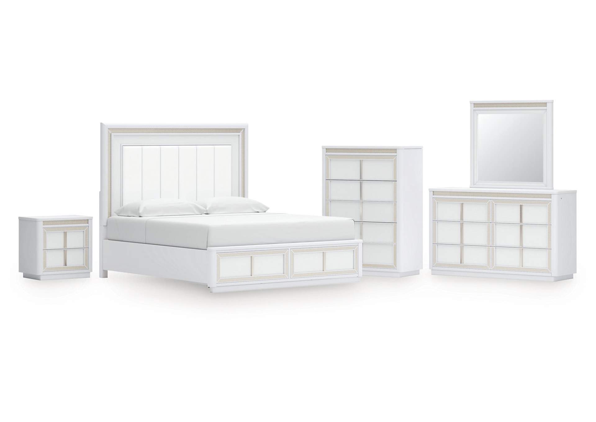 Chalanna King Upholstered Storage Bed with Mirrored Dresser, Chest and Nightstand image 1