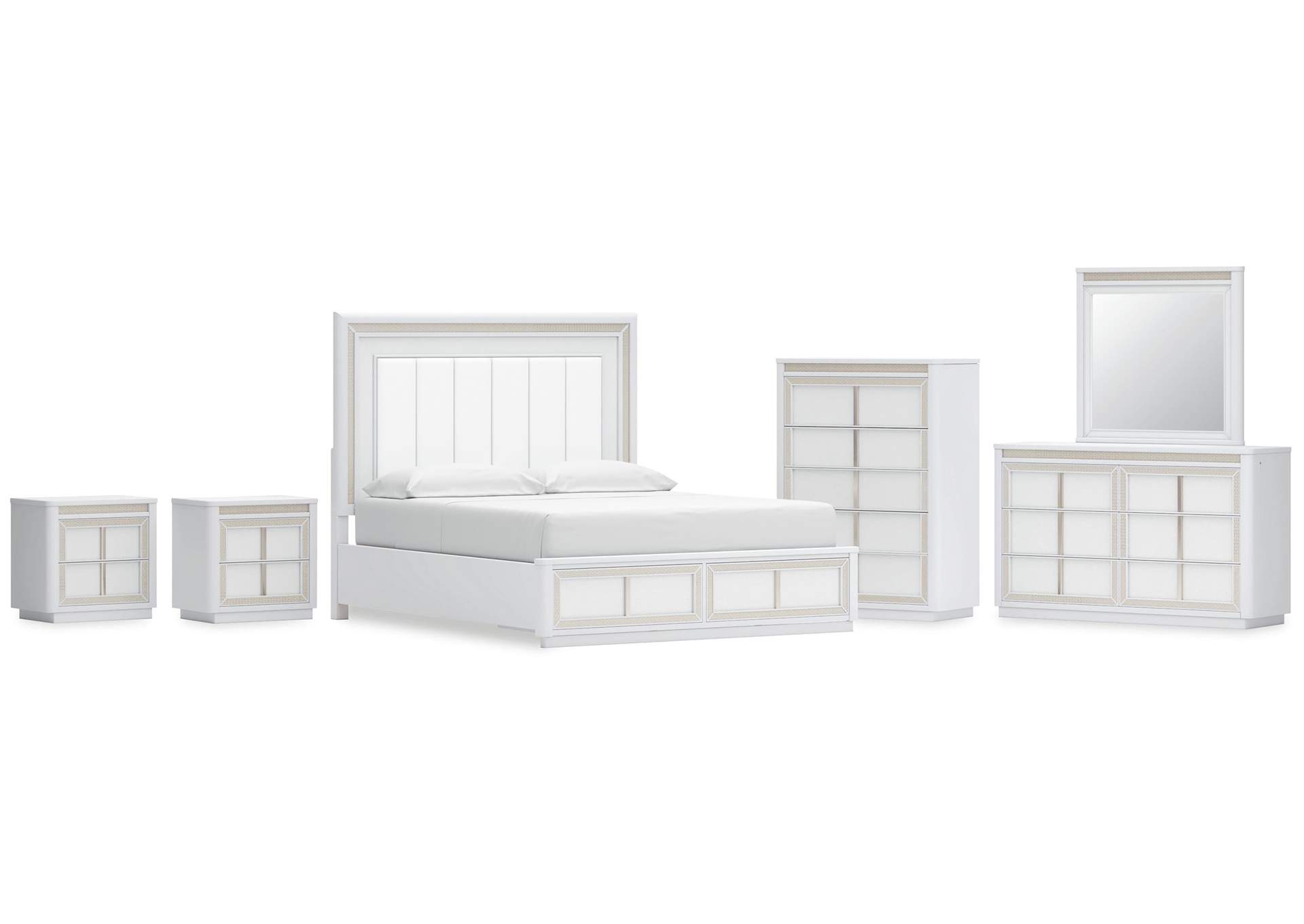 Chalanna California King Upholstered Storage Bed, Dresser, Mirror, Chest and 2 Nightstands image 1