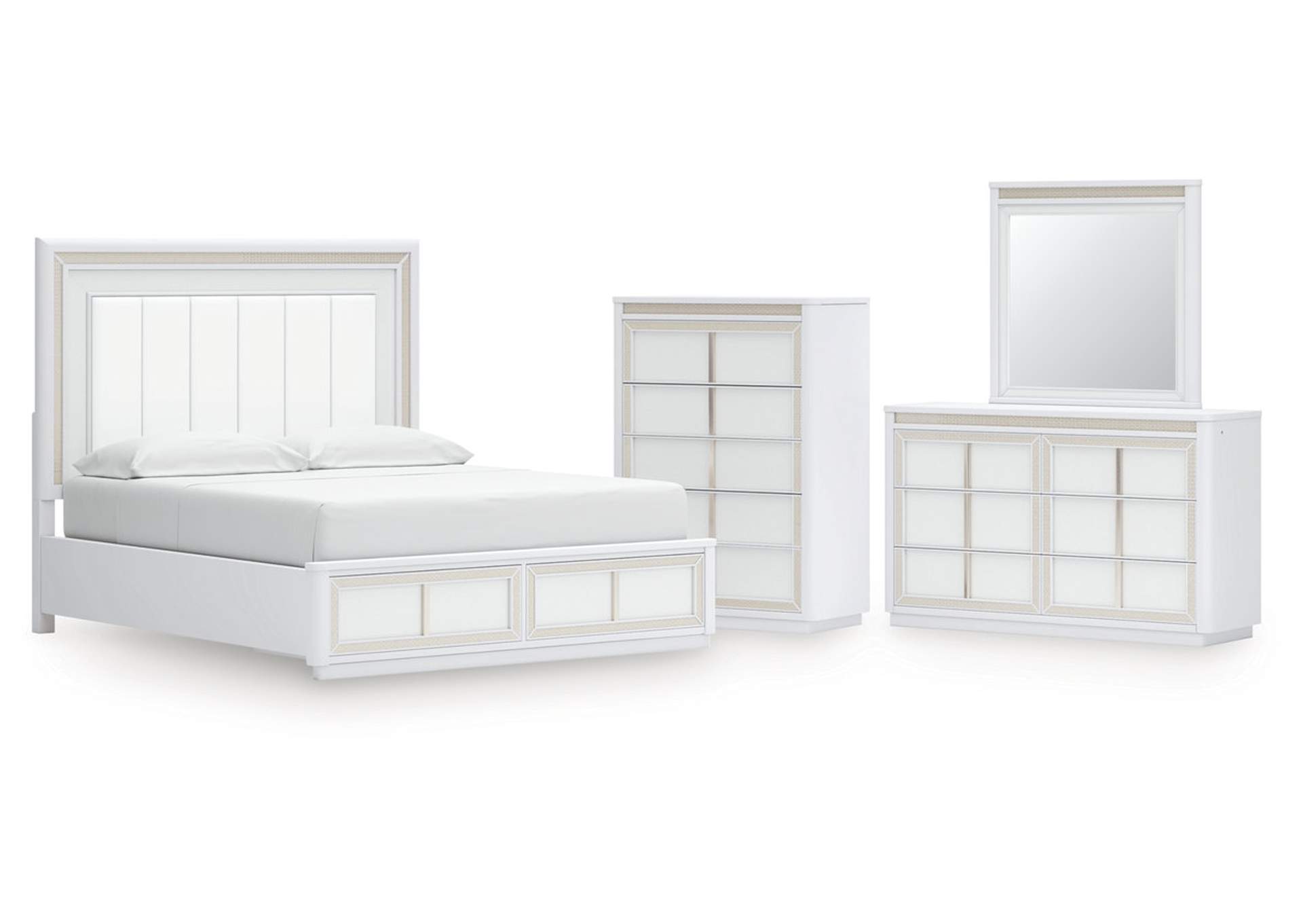 Chalanna California King Upholstered Storage Bed with Mirrored Dresser and Chest image 1