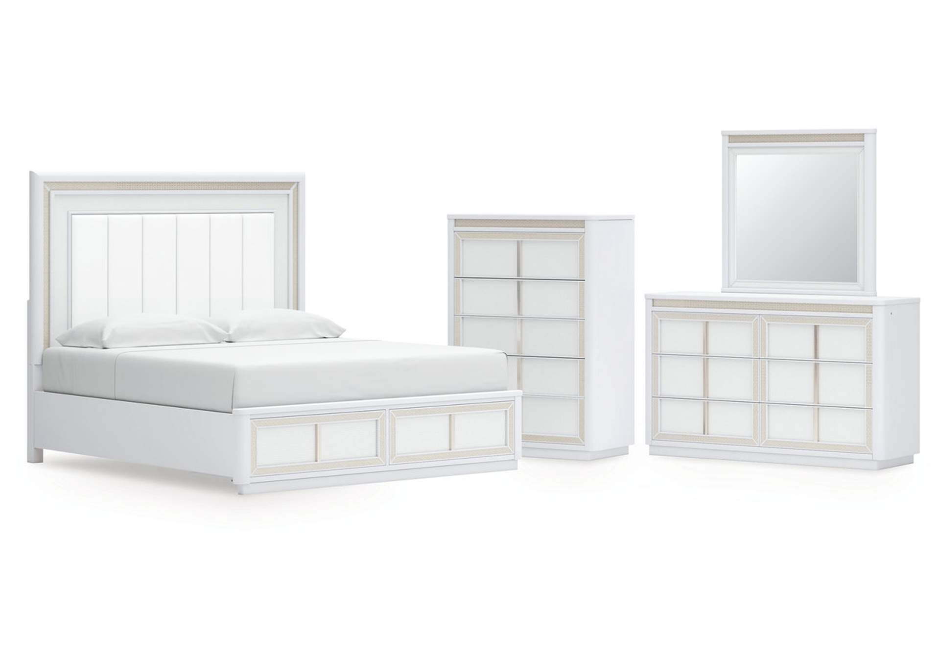 Chalanna King Upholstered Storage Bed with Mirrored Dresser and Chest image 1