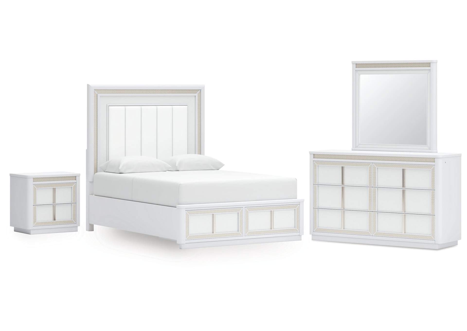 Chalanna Queen Upholstered Storage Bed with Mirrored Dresser and Nightstand image 1