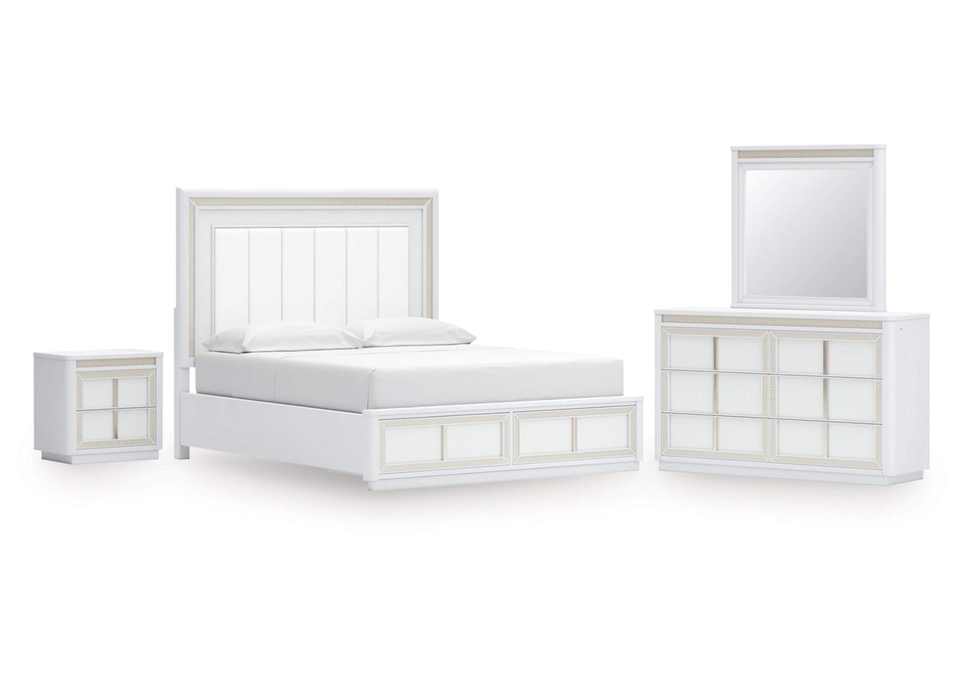 Chalanna California King Upholstered Storage Bed with Mirrored Dresser and Nightstand image 1