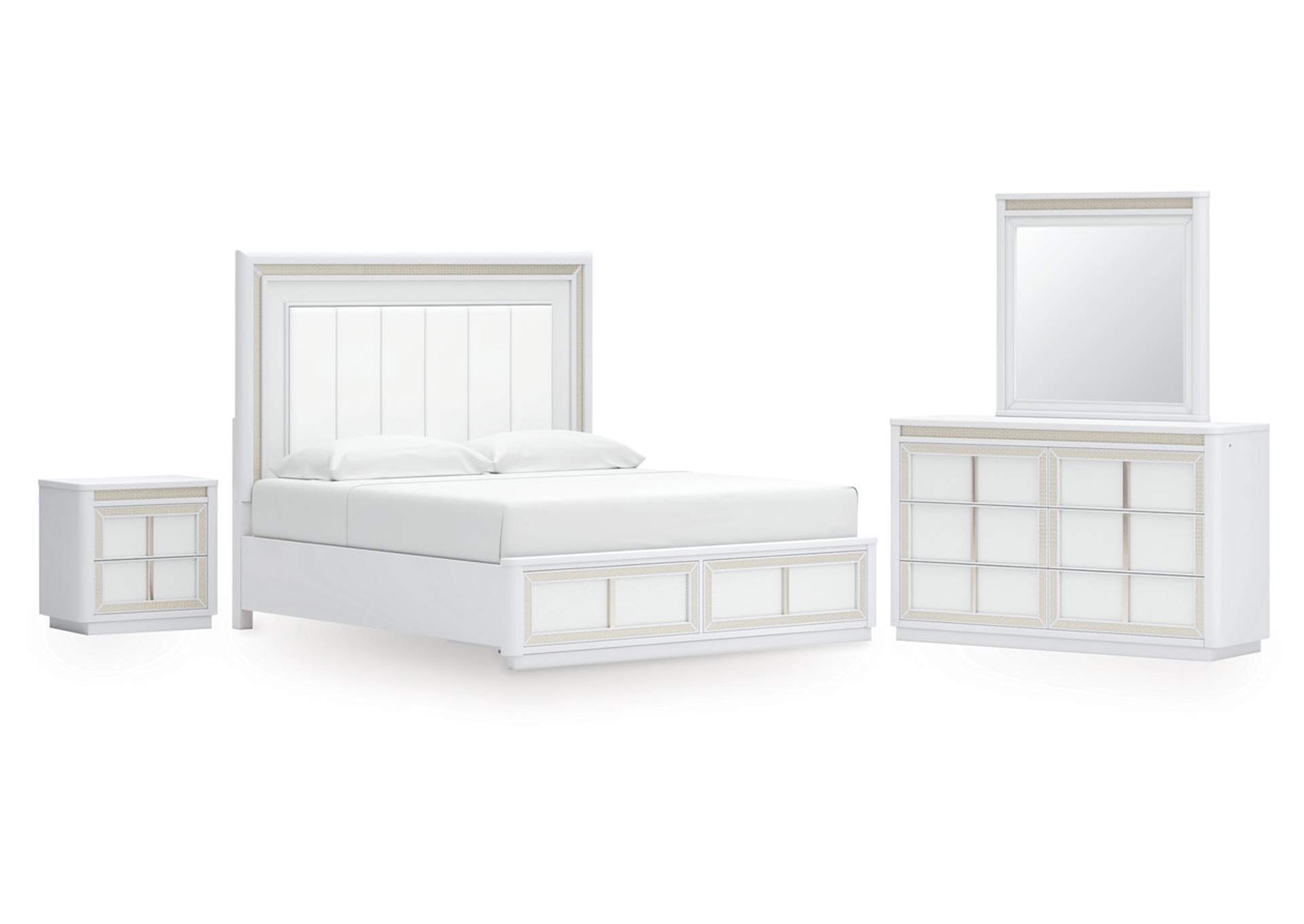Chalanna King Upholstered Storage Bed with Mirrored Dresser and Nightstand image 1