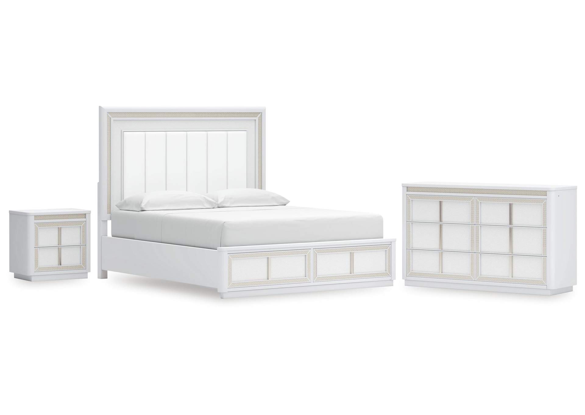 Chalanna California King Upholstered Storage Bed, Dresser and Nightstand image 1