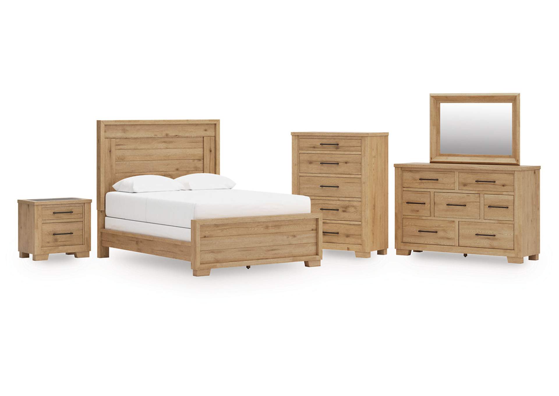 Galliden Queen Panel Bed with Mirrored Dresser, Chest and Nightstand image 1