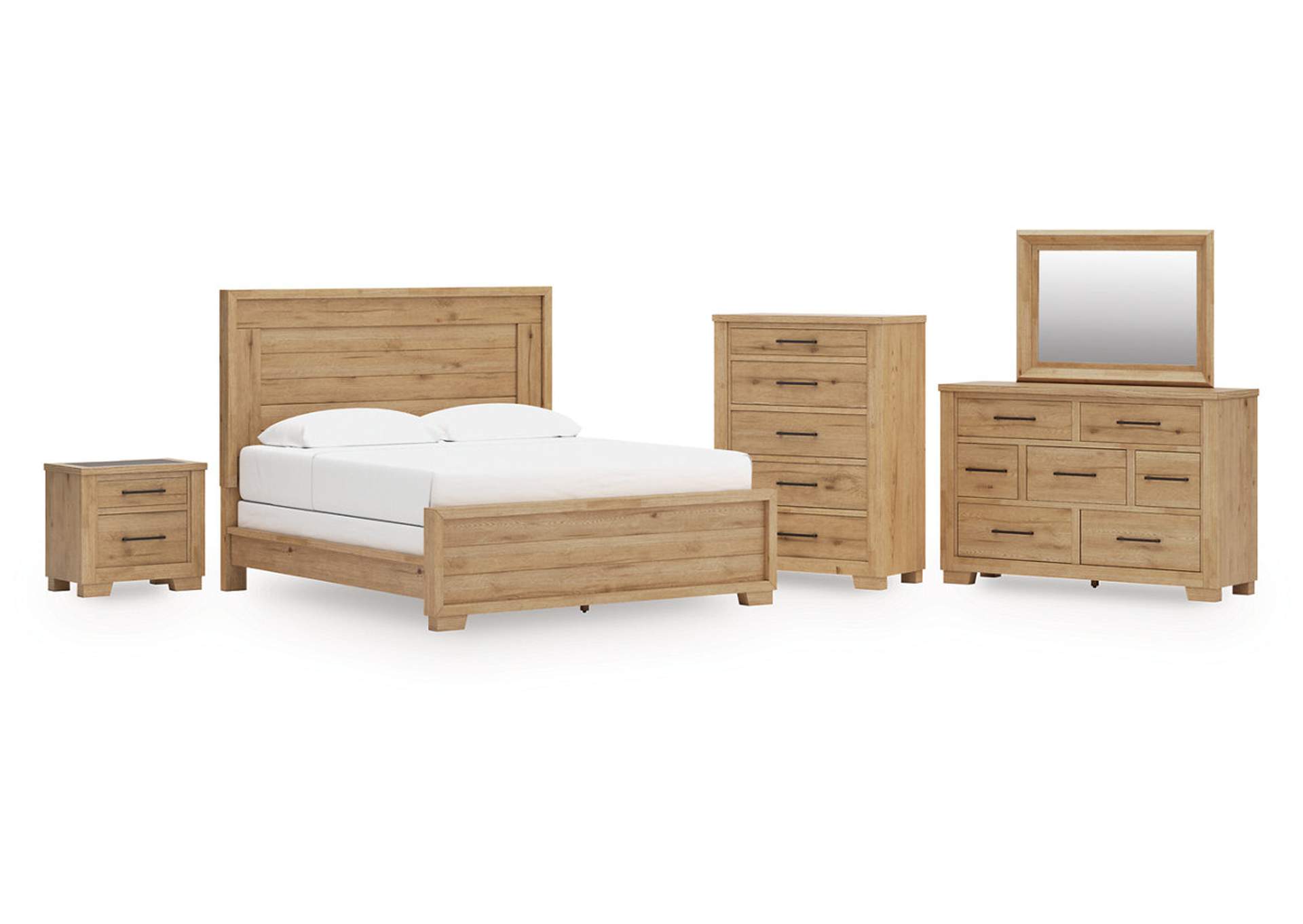 Galliden King Panel Bed with Mirrored Dresser, Chest and Nightstand image 1