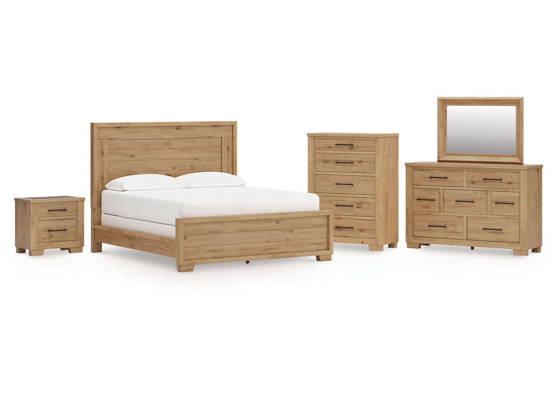 Galliden California King Panel Bed with Mirrored Dresser, Chest and Nightstand image 1