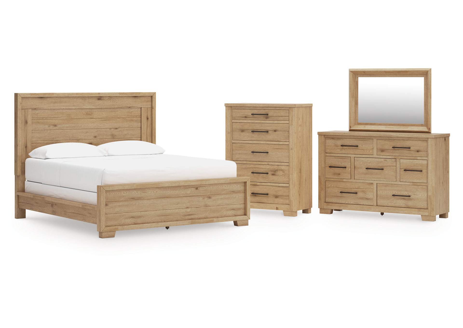 Galliden California King Panel Bed with Mirrored Dresser and Chest image 1