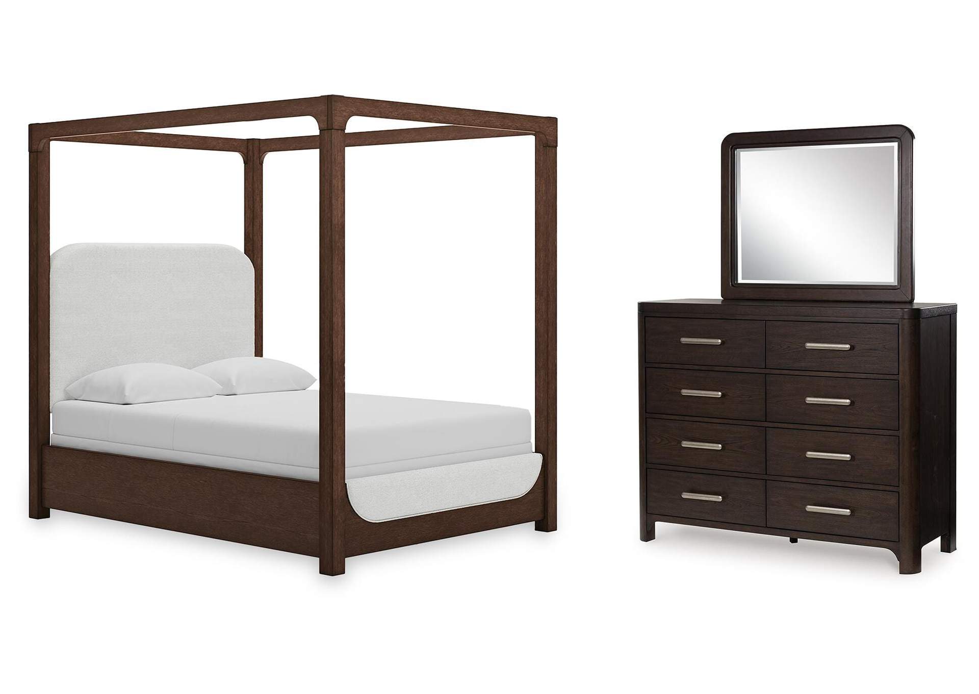 Breckington Queen Upholstered Canopy Bed, Dresser and Mirror image 1