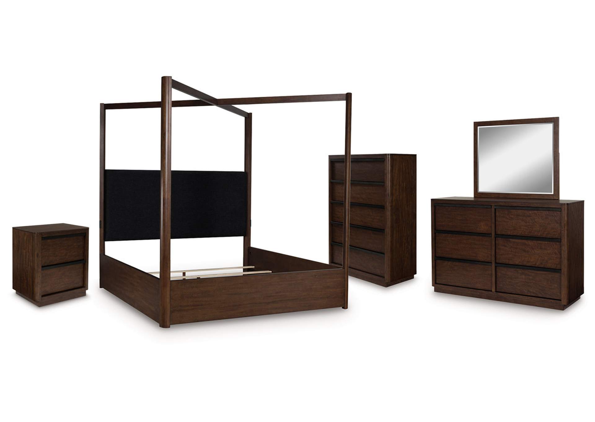 Kendamor King Canopy Bed with Mirrored Dresser, Chest and Nightstand image 1