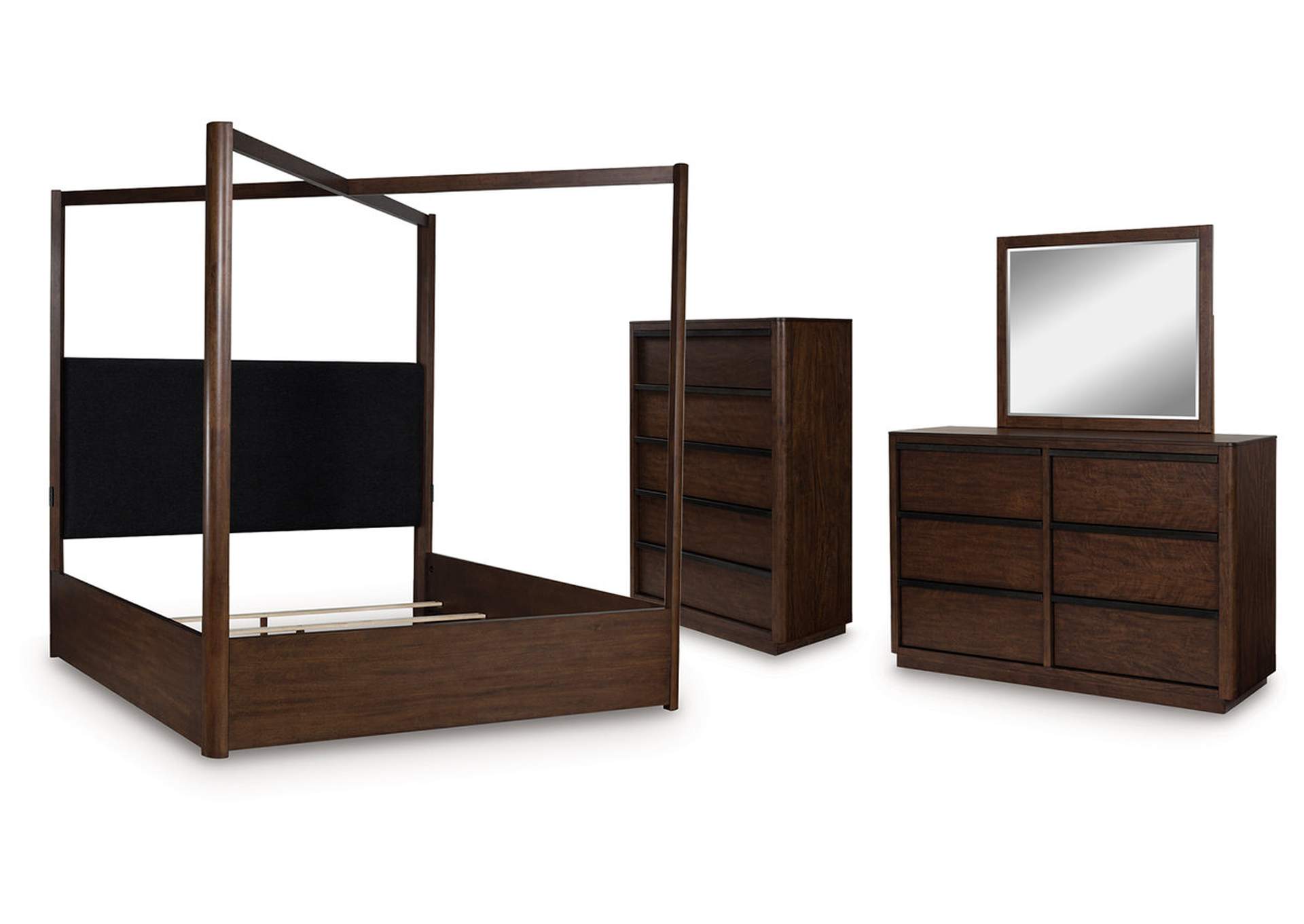 Kendamor King Canopy Bed with Mirrored Dresser and Chest image 1