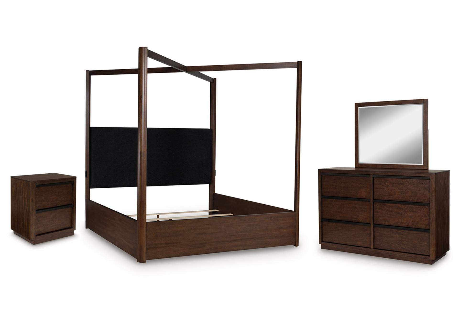 Kendamor King Canopy Bed with Mirrored Dresser and Nightstand image 1