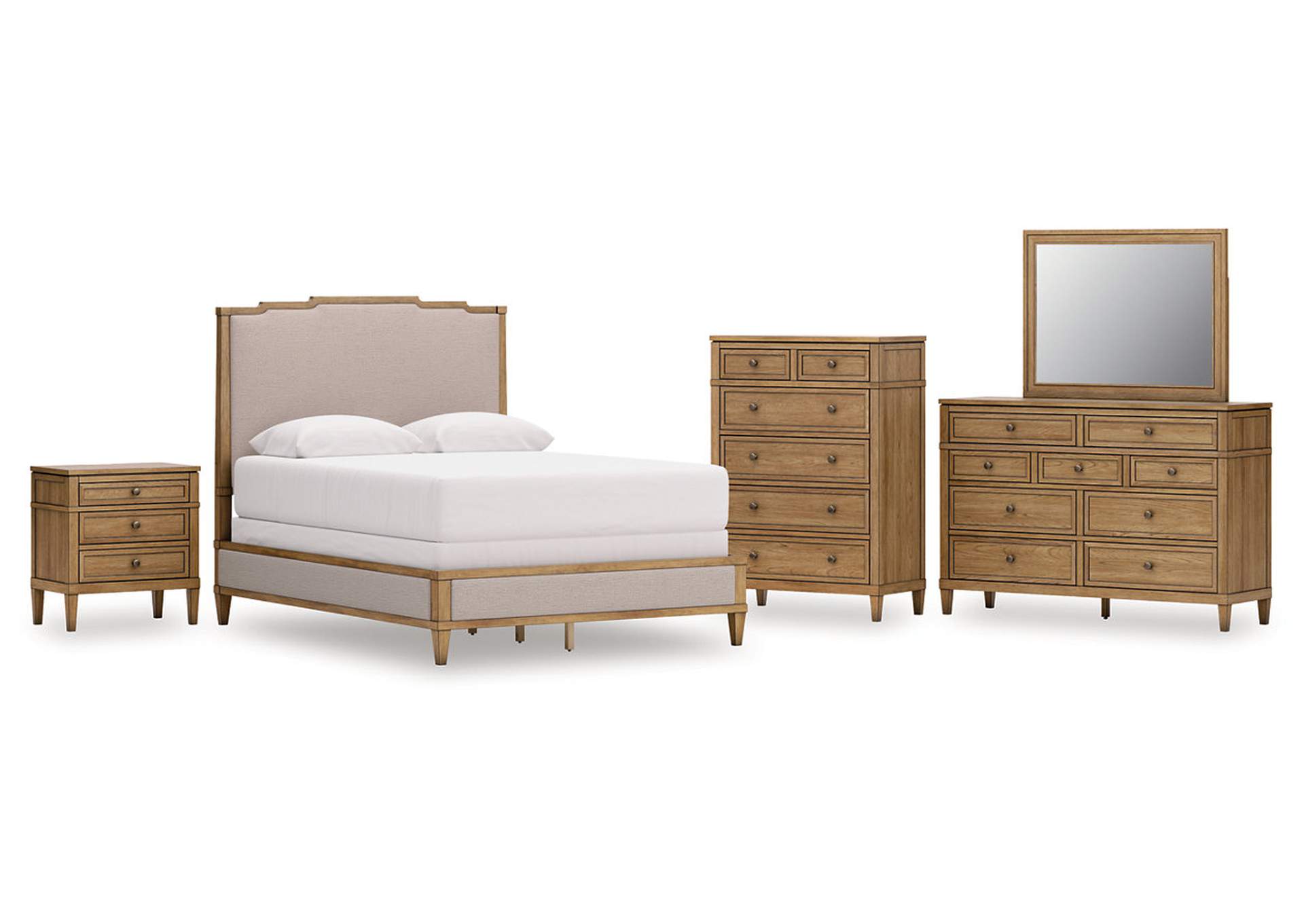 Sharlance Queen Upholstered Panel Bed with Mirrored Dresser, Chest and Nightstand image 1