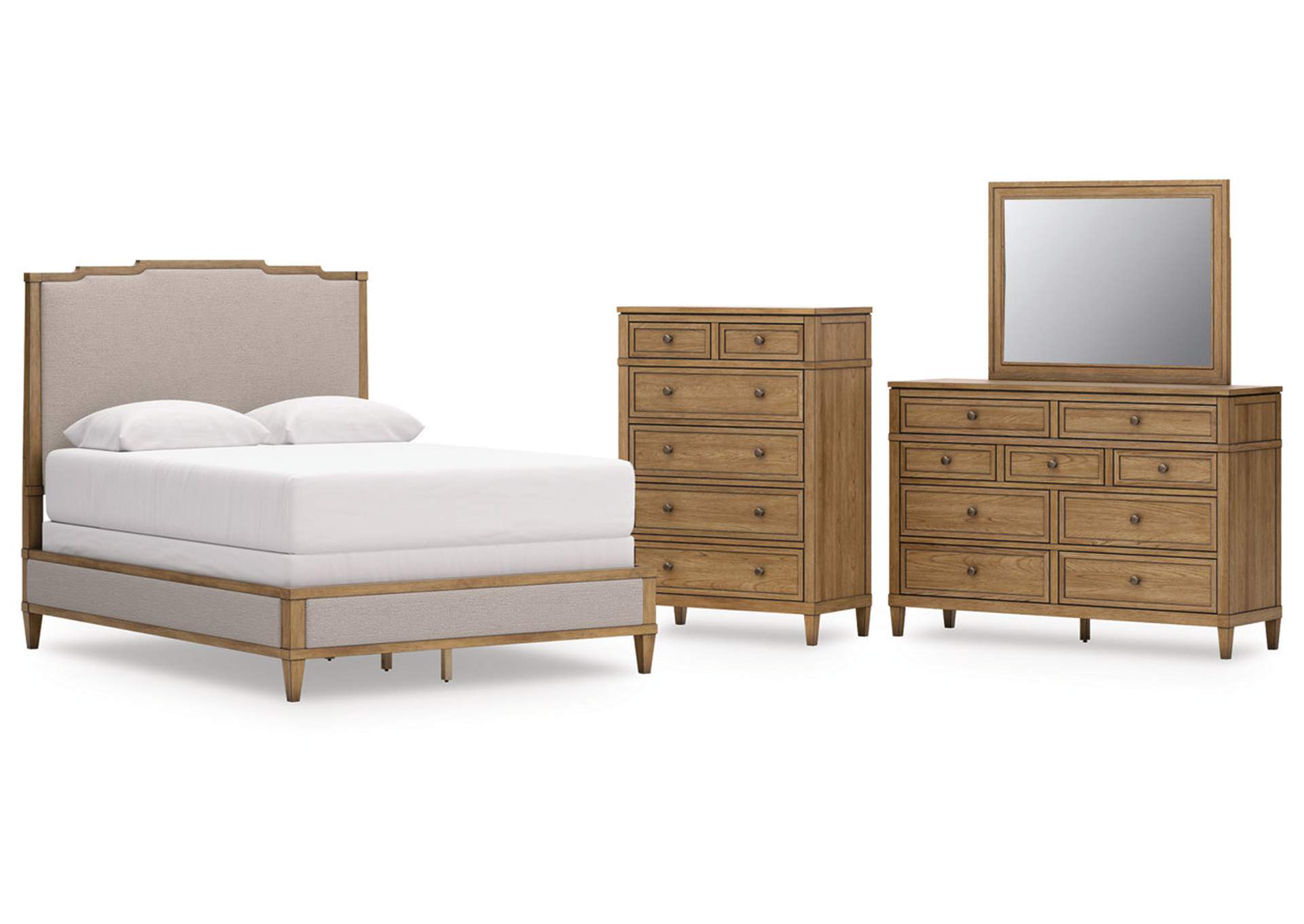 Sharlance Queen Upholstered Panel Bed with Mirrored Dresser and Chest image 1