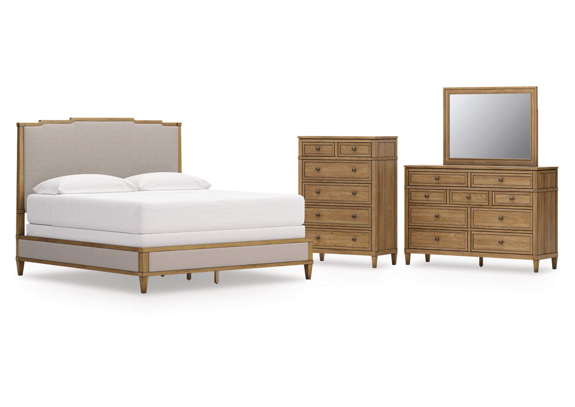 Sharlance King Upholstered Panel Bed with Mirrored Dresser and Chest image 1