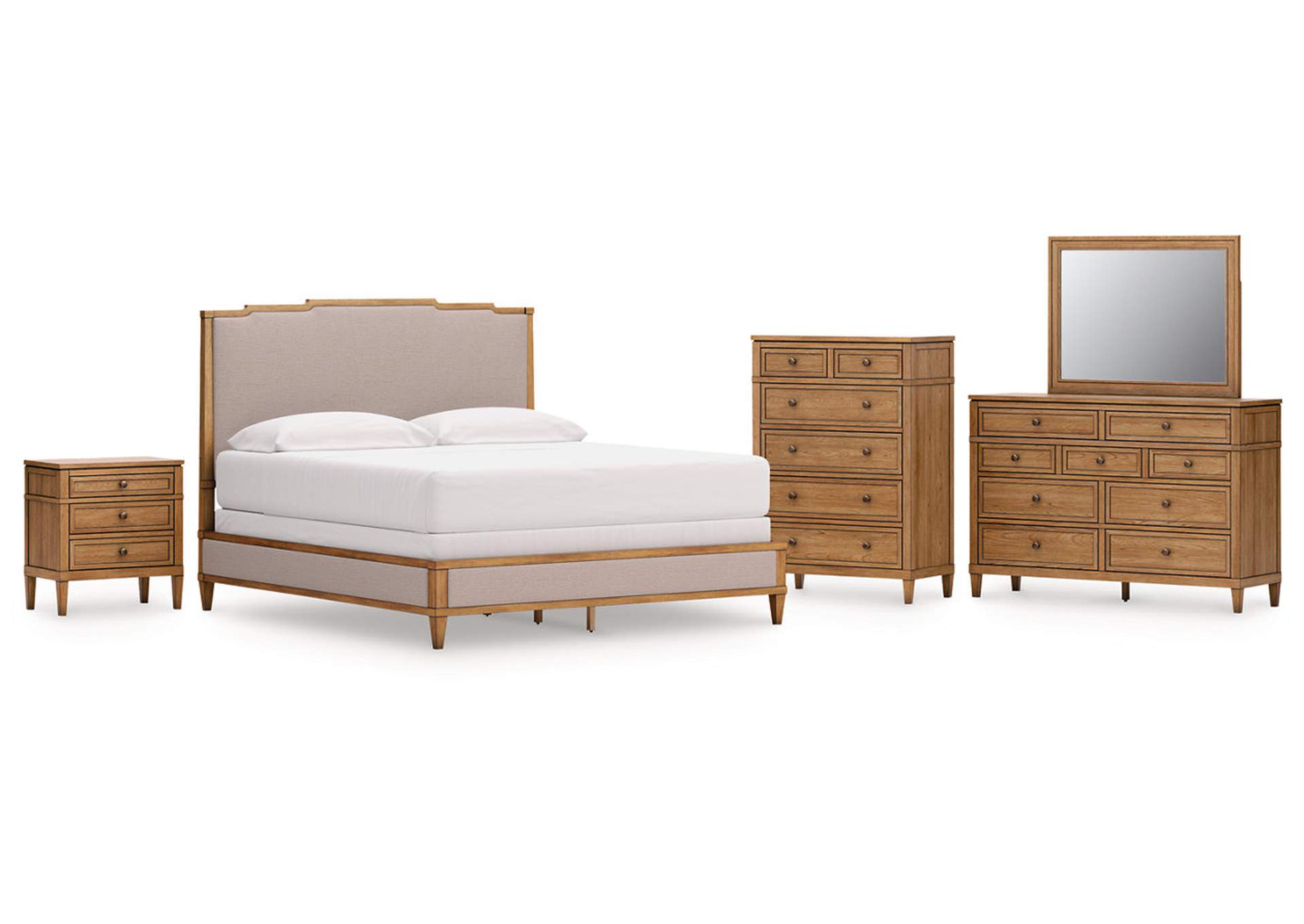 Sharlance California King Upholstered Panel Bed with Mirrored Dresser, Chest and Nightstand image 1