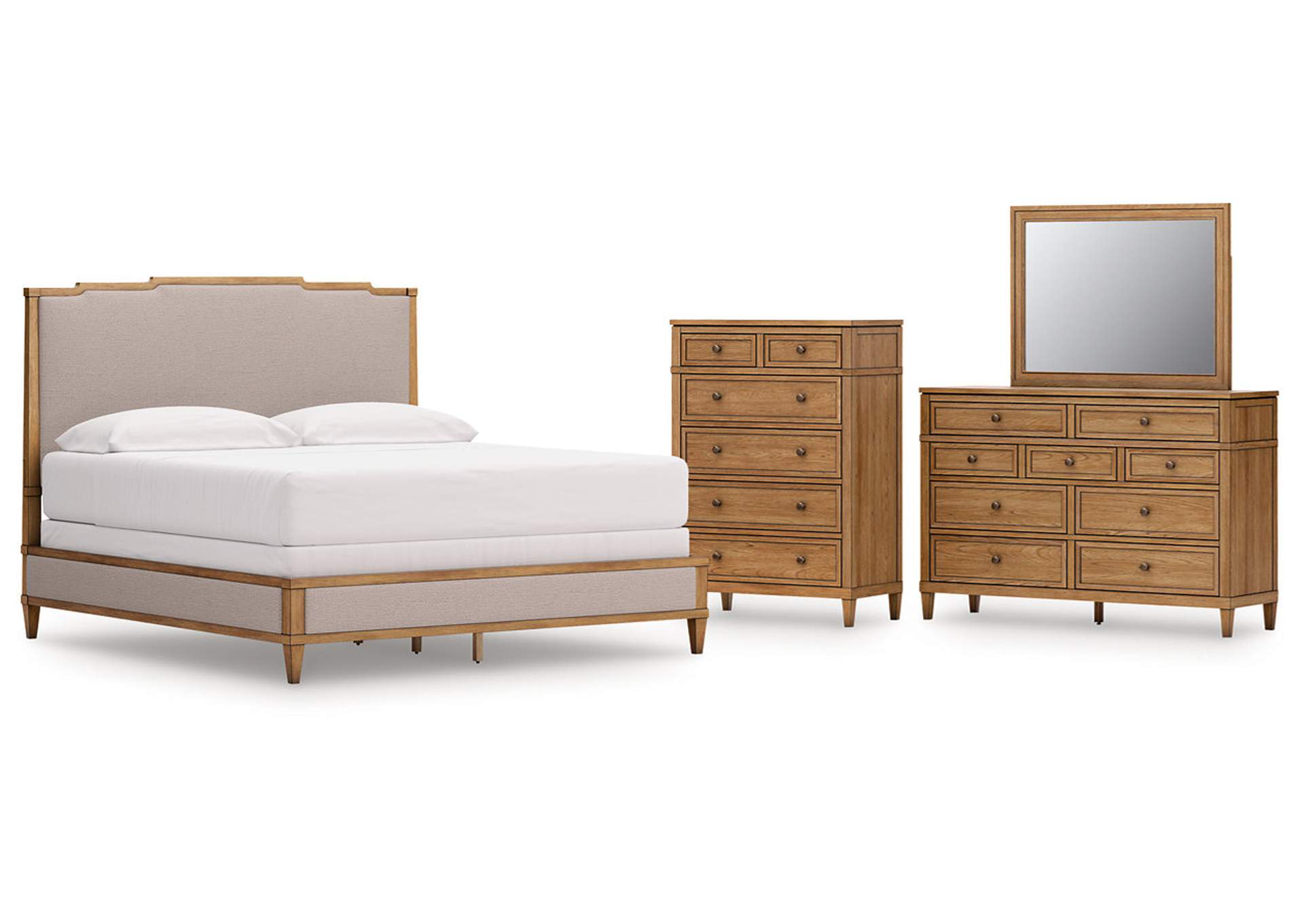 Sharlance California King Upholstered Panel Bed with Mirrored Dresser and Chest image 1