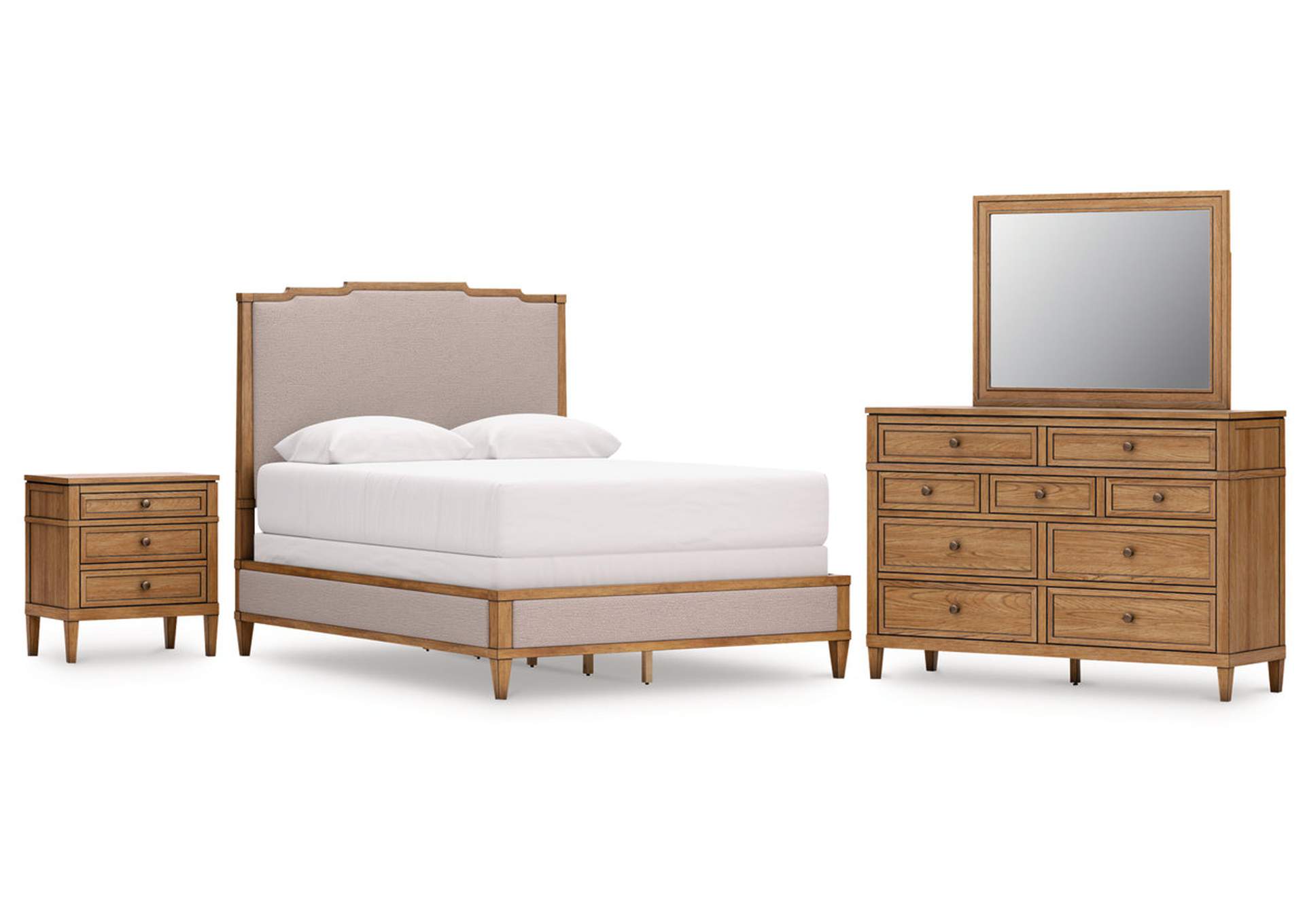 Sharlance Queen Upholstered Panel Bed with Mirrored Dresser and Nightstand image 1